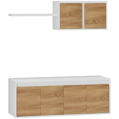 TV Stand and Wall Cabinet Set with 7 Shelves and Open Shelf, Particle Board TV Stand, 120x41x43.3 cm, White and Wood Color