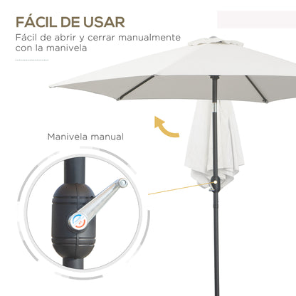 Aluminum Garden Umbrella Ø260x235 cm Reclining Garden Parasol with Crank and 6 Metal Rods for Outdoor Terrace Balcony Cream