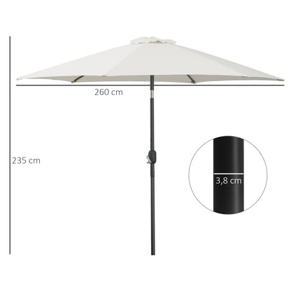 Aluminum Garden Umbrella Ø260x235 cm Reclining Garden Parasol with Crank and 6 Metal Rods for Outdoor Terrace Balcony Cream
