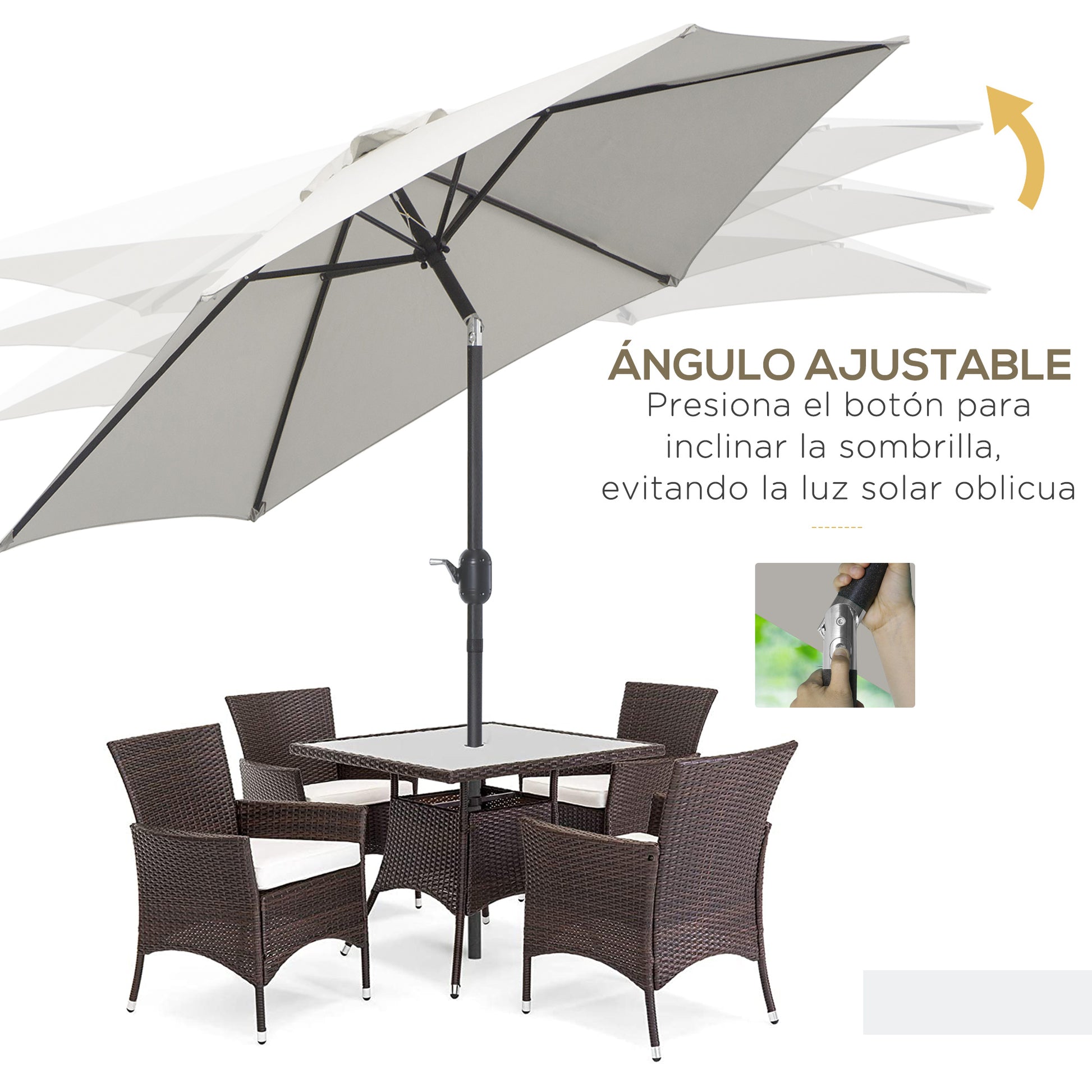 Aluminum Garden Umbrella Ø260x235 cm Reclining Garden Parasol with Crank and 6 Metal Rods for Outdoor Terrace Balcony Cream