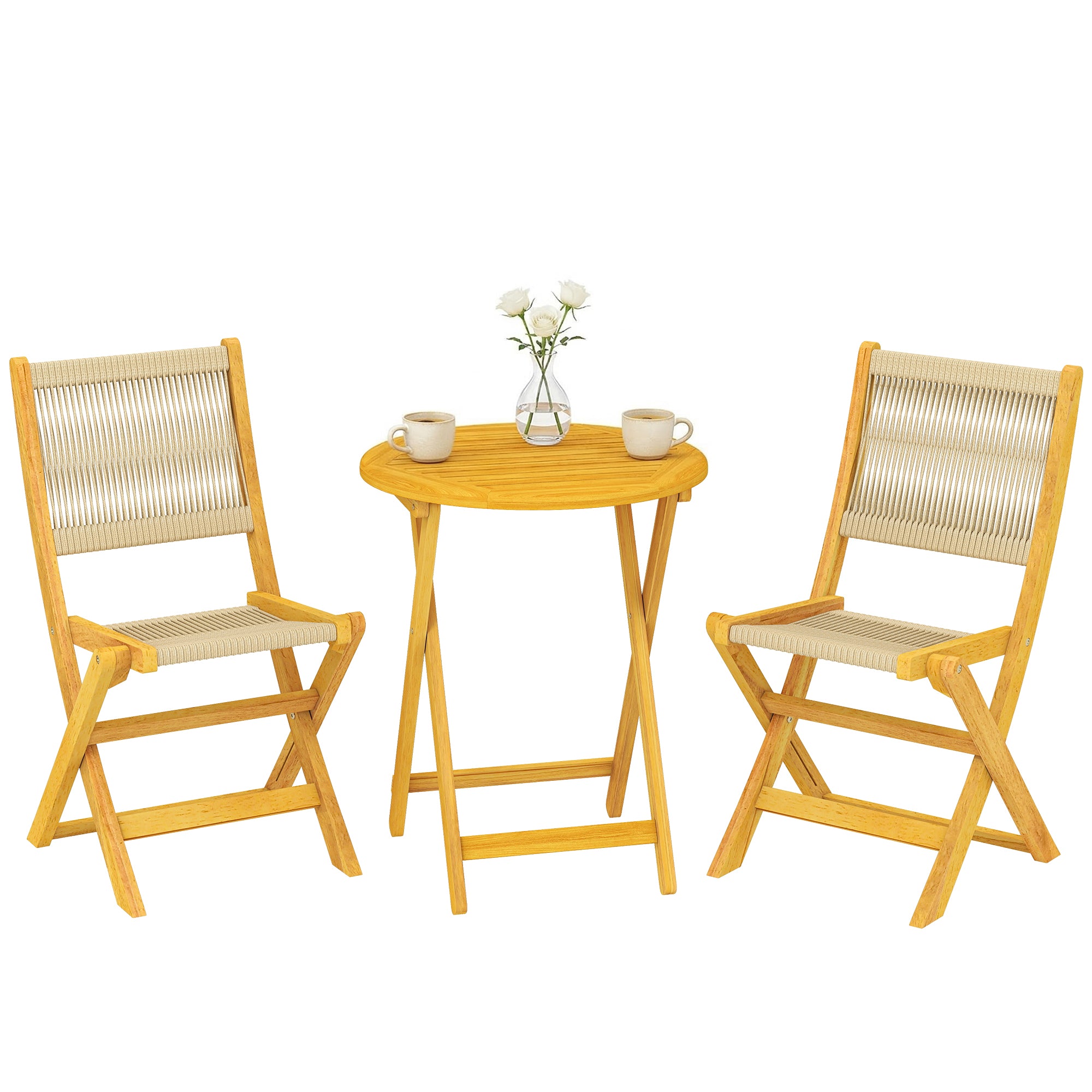 3-Piece Outdoor Acacia Wood Bistro Set – Round Table & 2 Folding PP Rope Chairs, Natural