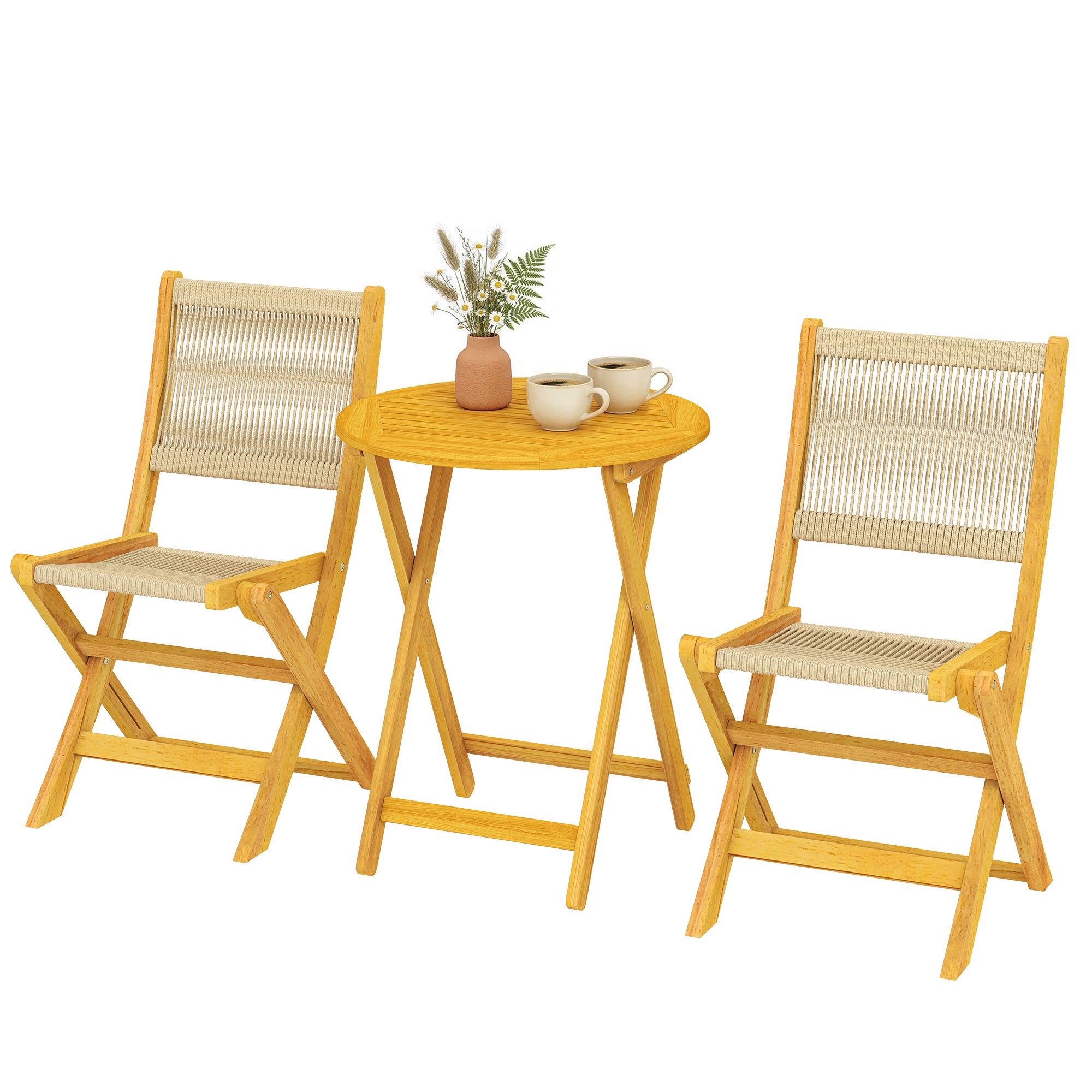 3-Piece Outdoor Acacia Wood Bistro Set – Round Table & 2 Folding PP Rope Chairs, Natural