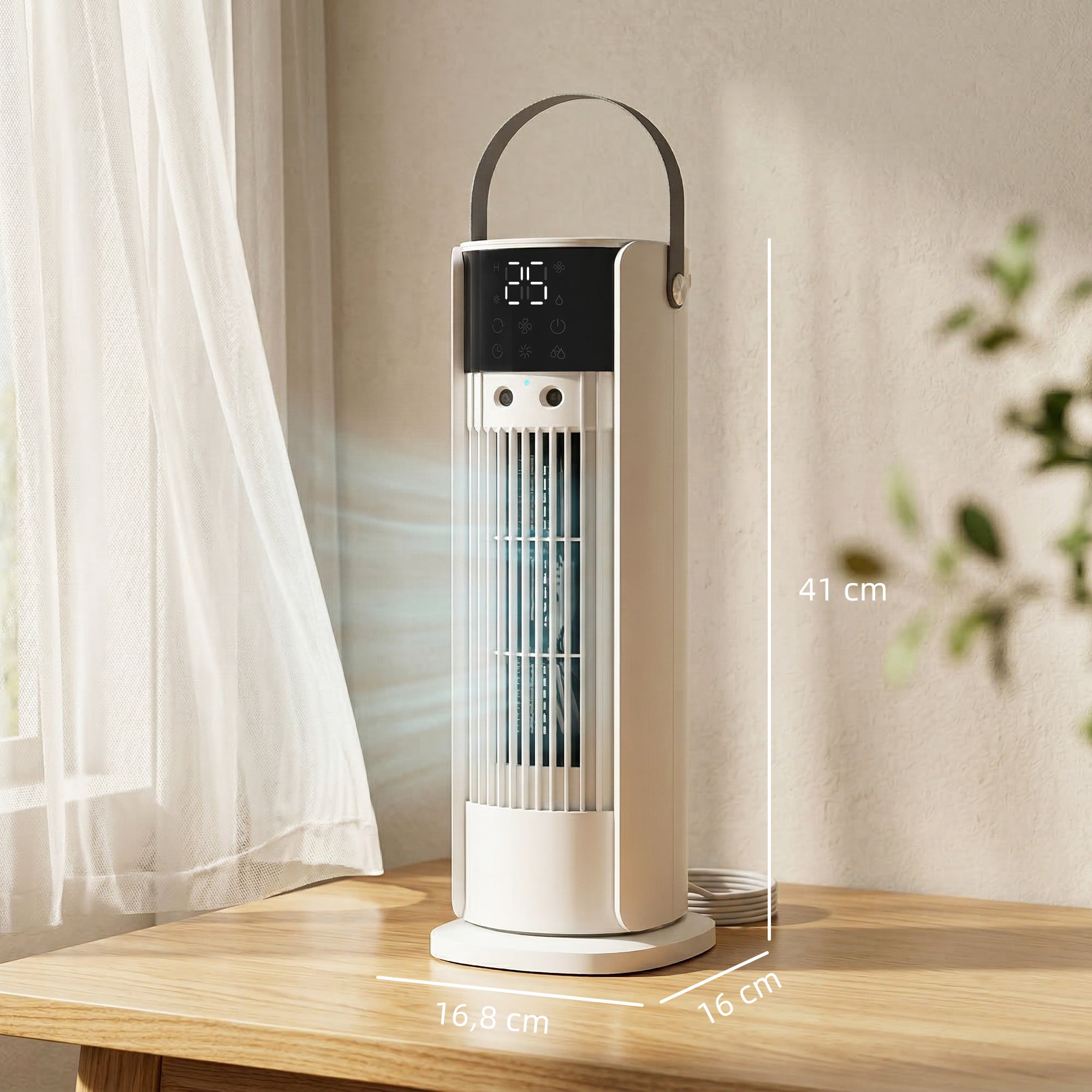 Tabletop Tower Fan with Mist & RGB Lighting, 3 Speeds, 90° Oscillation, 10-Hour Timer — Bedroom & Office, White
