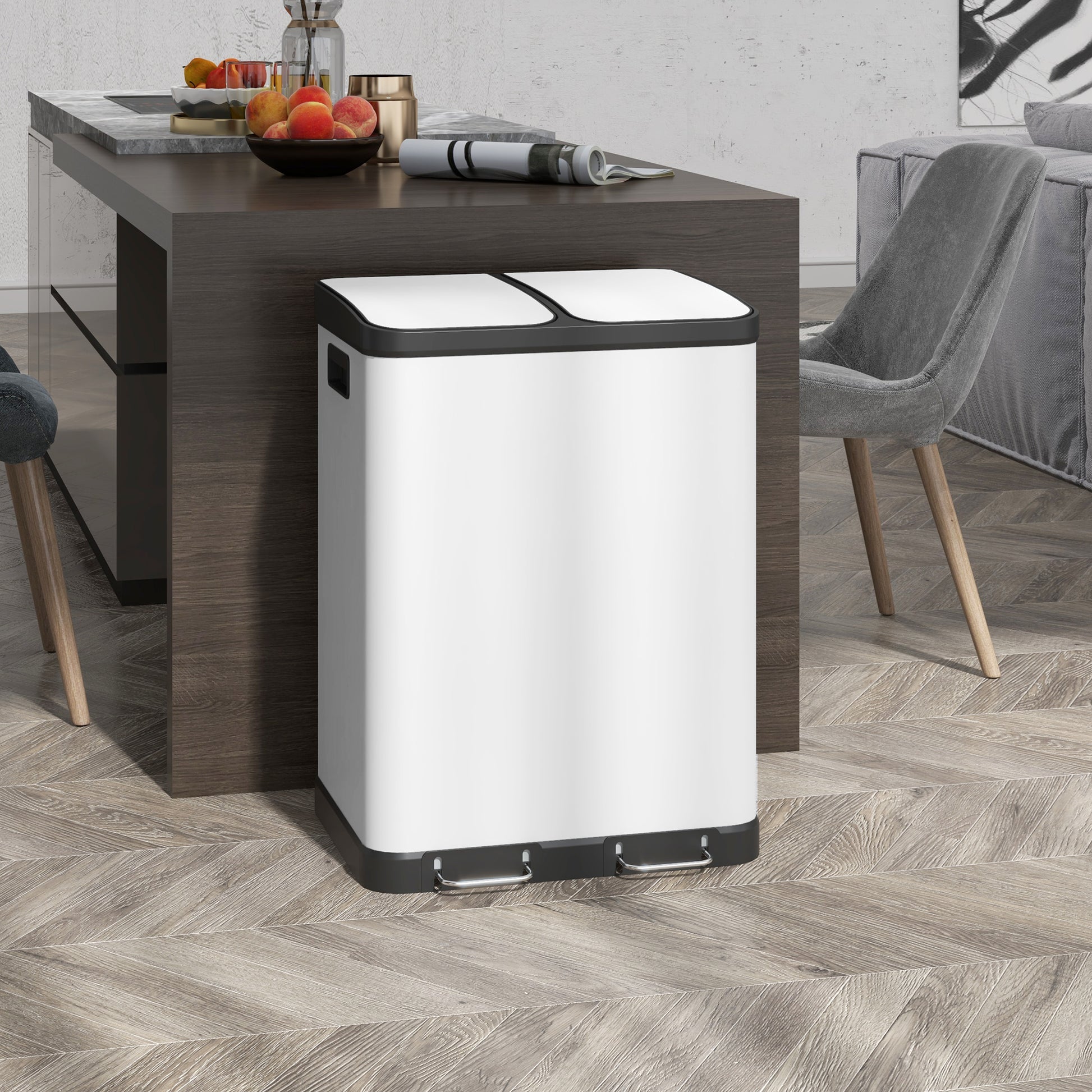 Kitchen Trash Can 2 x 30L Stainless Steel Pedal Trash Can with 2 Compartments, Soft-Close Lid, Removable Inner Buckets, for Recycling and Waste, White