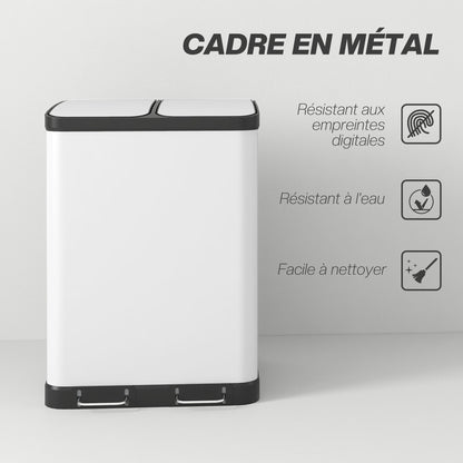 Kitchen Trash Can 2 x 30L Stainless Steel Pedal Trash Can with 2 Compartments, Soft-Close Lid, Removable Inner Buckets, for Recycling and Waste, White