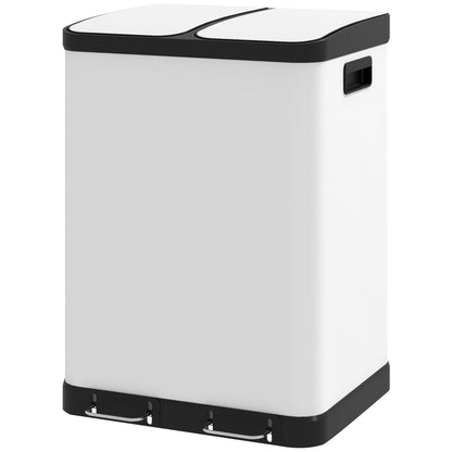 Kitchen Trash Can 2 x 30L Stainless Steel Pedal Trash Can with 2 Compartments, Soft-Close Lid, Removable Inner Buckets, for Recycling and Waste, White
