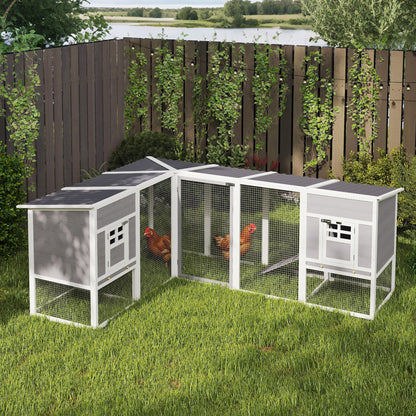 Large Outdoor Wooden Chicken Coop — L‑Shaped Corner Hen House with 2 Nesting Boxes, Run, Removable Trays, PET Roof & Ramps, Raised Hutch for Rabbits, 99 x 76 x 40.6 in (Gray)