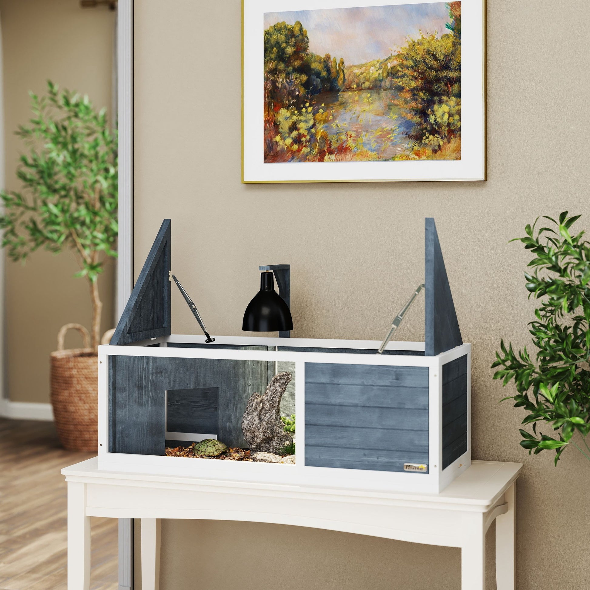 Wooden Turtle House, Turtle Enclosure with Two Main Houses, Flip-Open Top, Light Stand, Transparent Front Panel, 120 x 50 x 40 cm, Gray