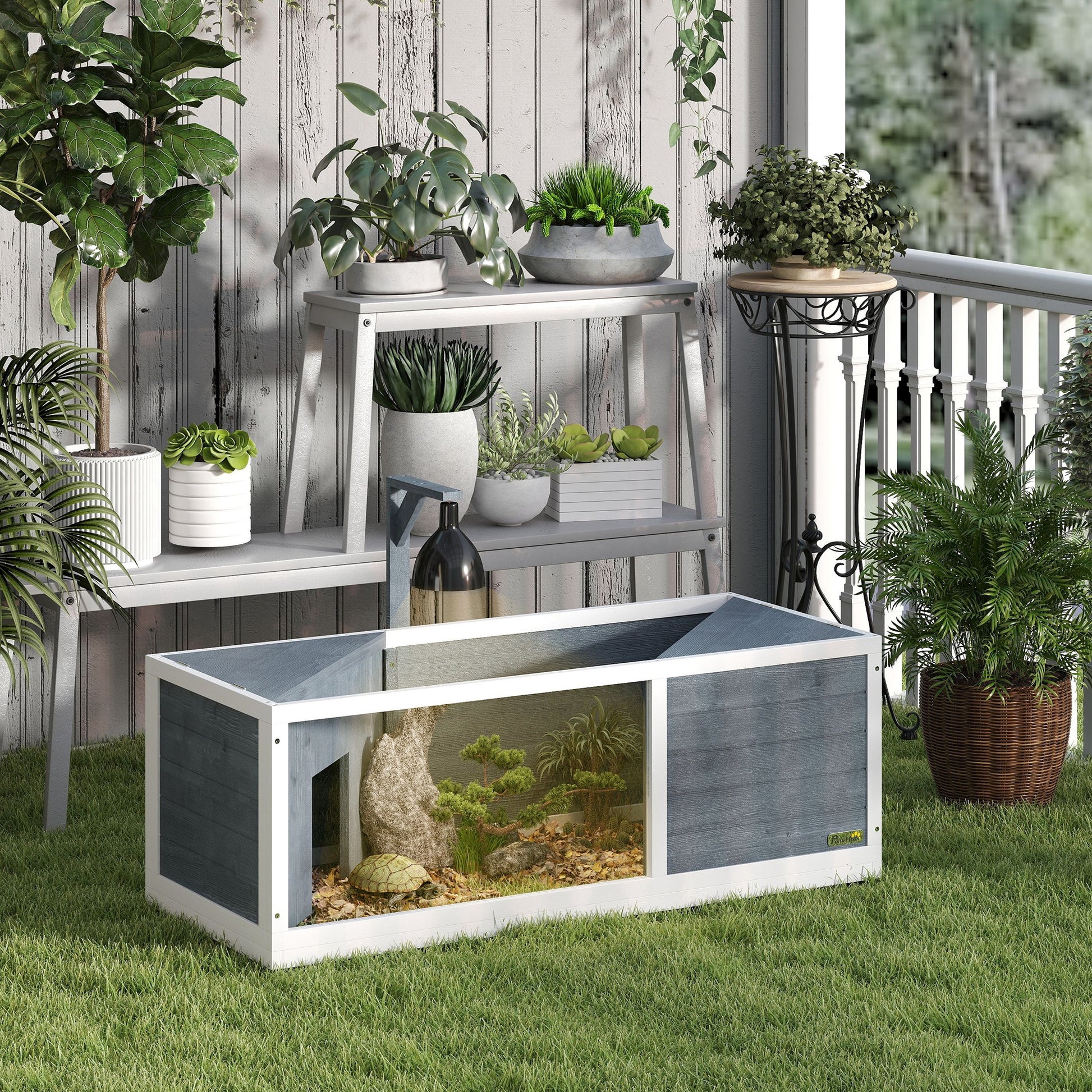 Wooden Turtle House, Turtle Enclosure with Two Main Houses, Flip-Open Top, Light Stand, Transparent Front Panel, 120 x 50 x 40 cm, Gray