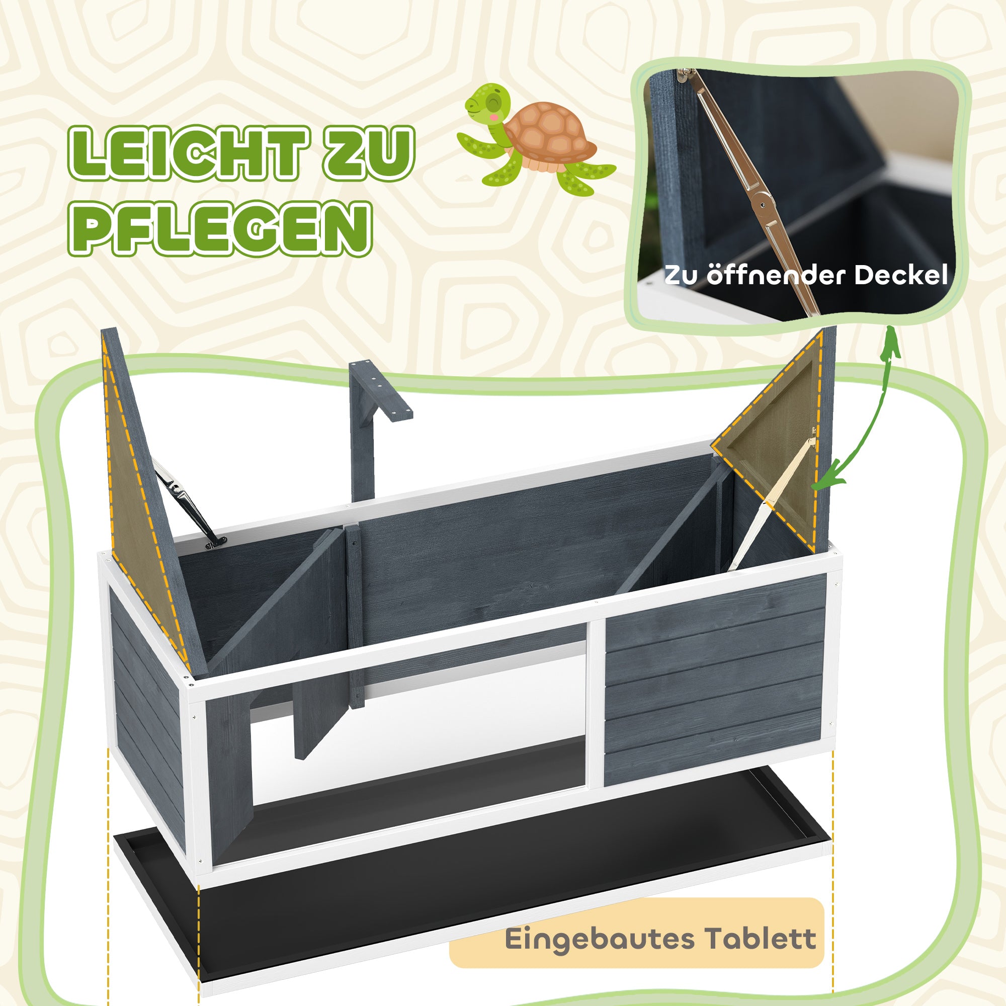 Wooden Turtle House, Turtle Enclosure with Two Main Houses, Flip-Open Top, Light Stand, Transparent Front Panel, 120 x 50 x 40 cm, Gray