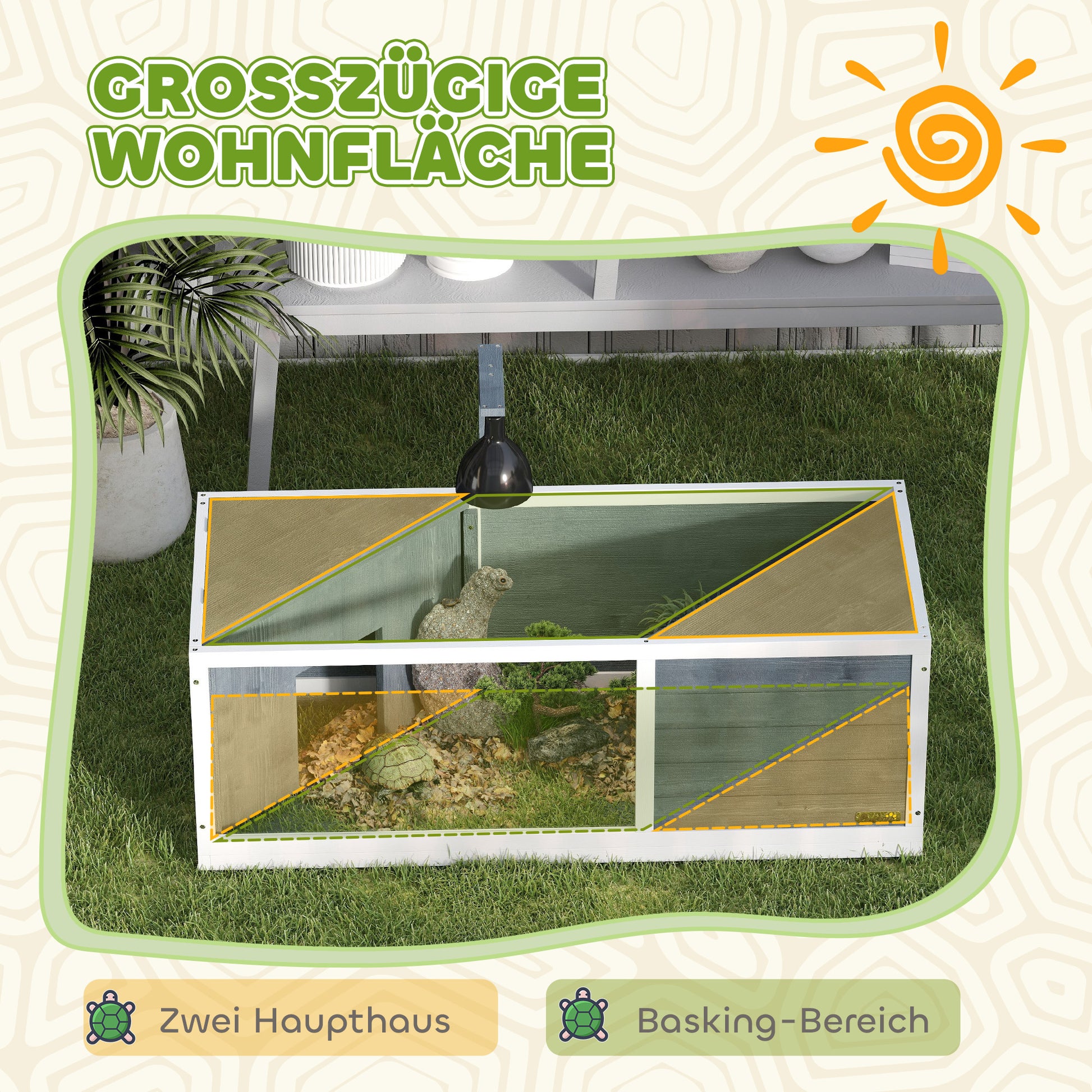 Wooden Turtle House, Turtle Enclosure with Two Main Houses, Flip-Open Top, Light Stand, Transparent Front Panel, 120 x 50 x 40 cm, Gray