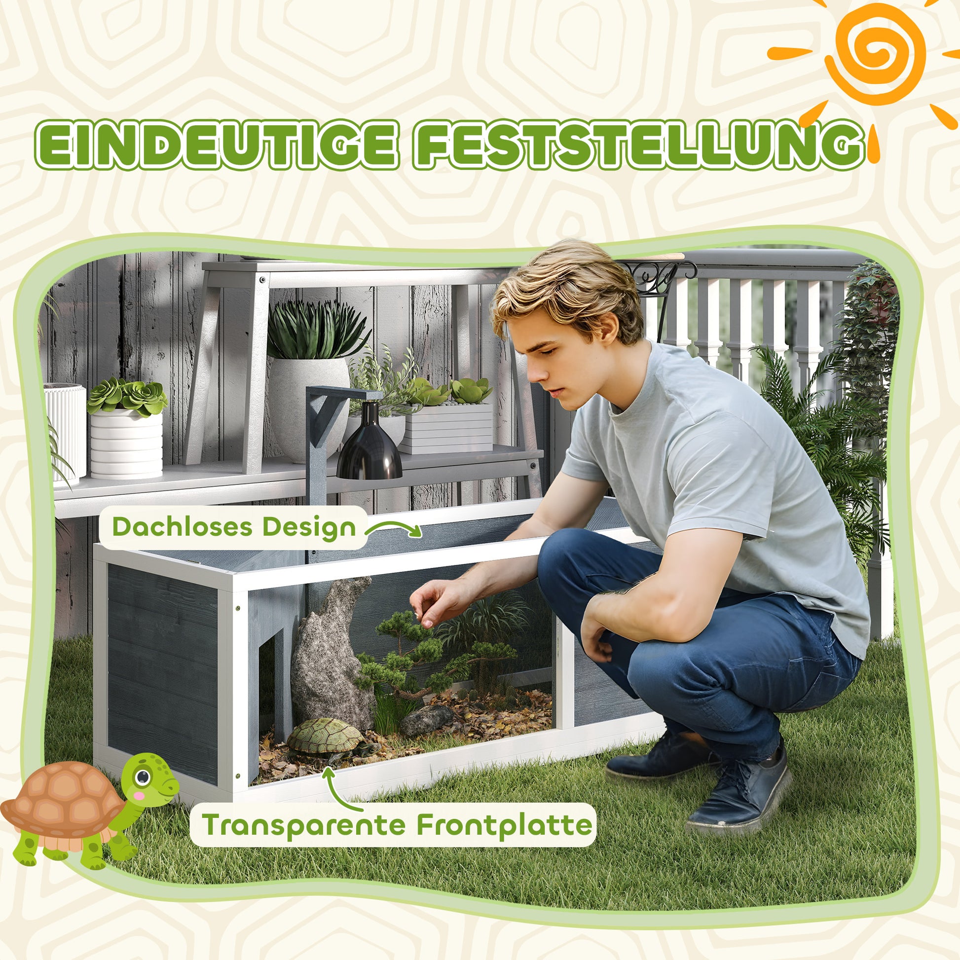 Wooden Turtle House, Turtle Enclosure with Two Main Houses, Flip-Open Top, Light Stand, Transparent Front Panel, 120 x 50 x 40 cm, Gray