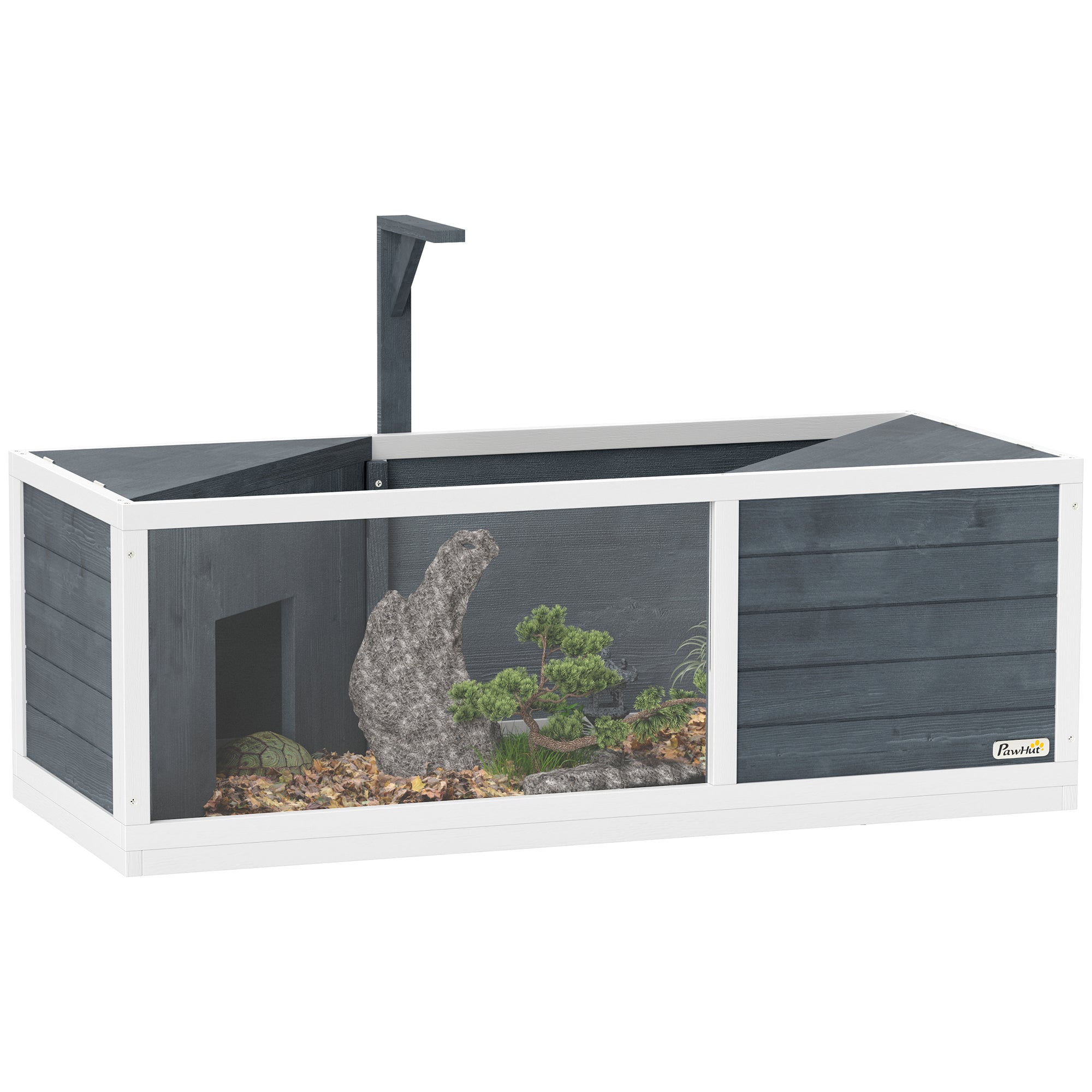 Wooden Turtle House, Turtle Enclosure with Two Main Houses, Flip-Open Top, Light Stand, Transparent Front Panel, 120 x 50 x 40 cm, Gray