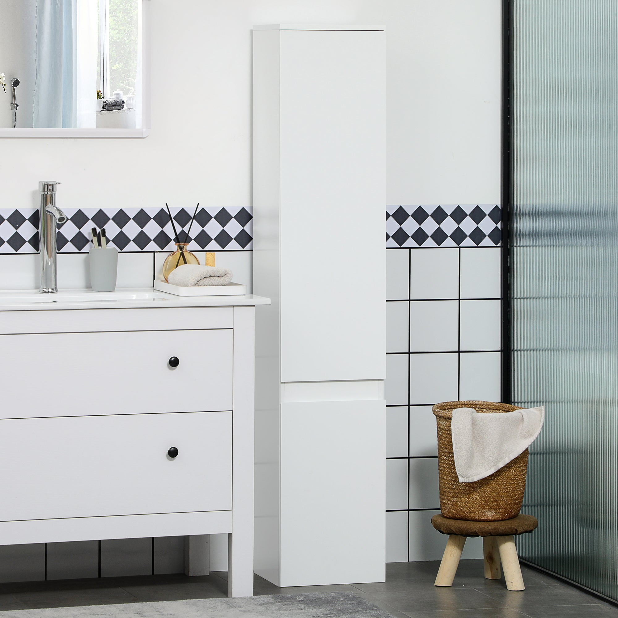 Space-saving Bathroom Cabinet, Bathroom Cabinet with 5 Adjustable Shelves, Handleless Doors and Anti-Tipping System, 30x28x152.5cm, White