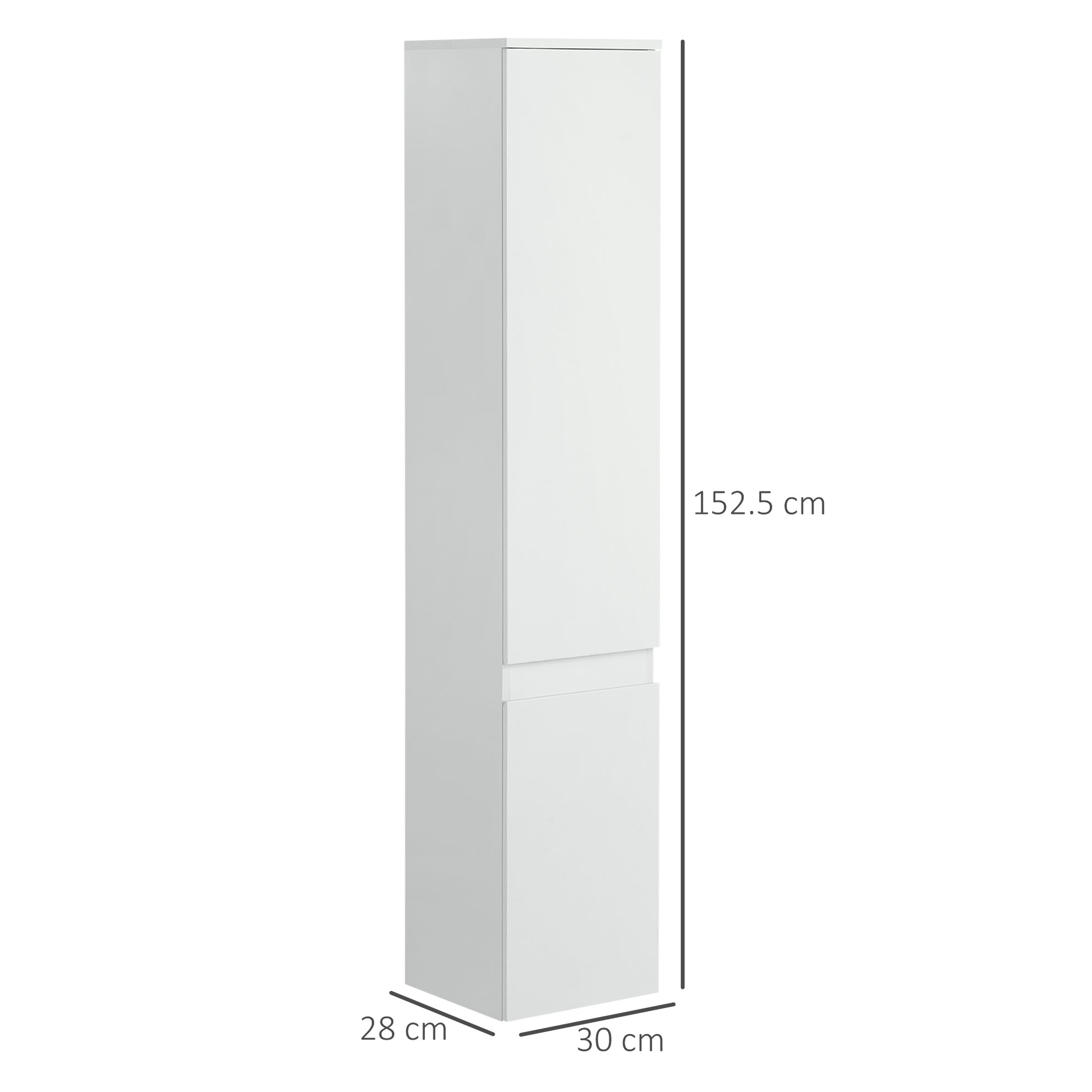 Space-saving Bathroom Cabinet, Bathroom Cabinet with 5 Adjustable Shelves, Handleless Doors and Anti-Tipping System, 30x28x152.5cm, White