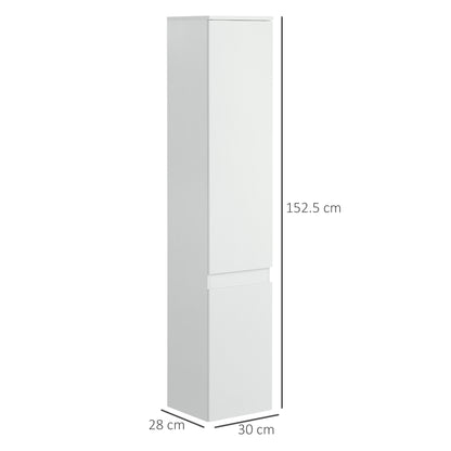 Space-saving Bathroom Cabinet, Bathroom Cabinet with 5 Adjustable Shelves, Handleless Doors and Anti-Tipping System, 30x28x152.5cm, White