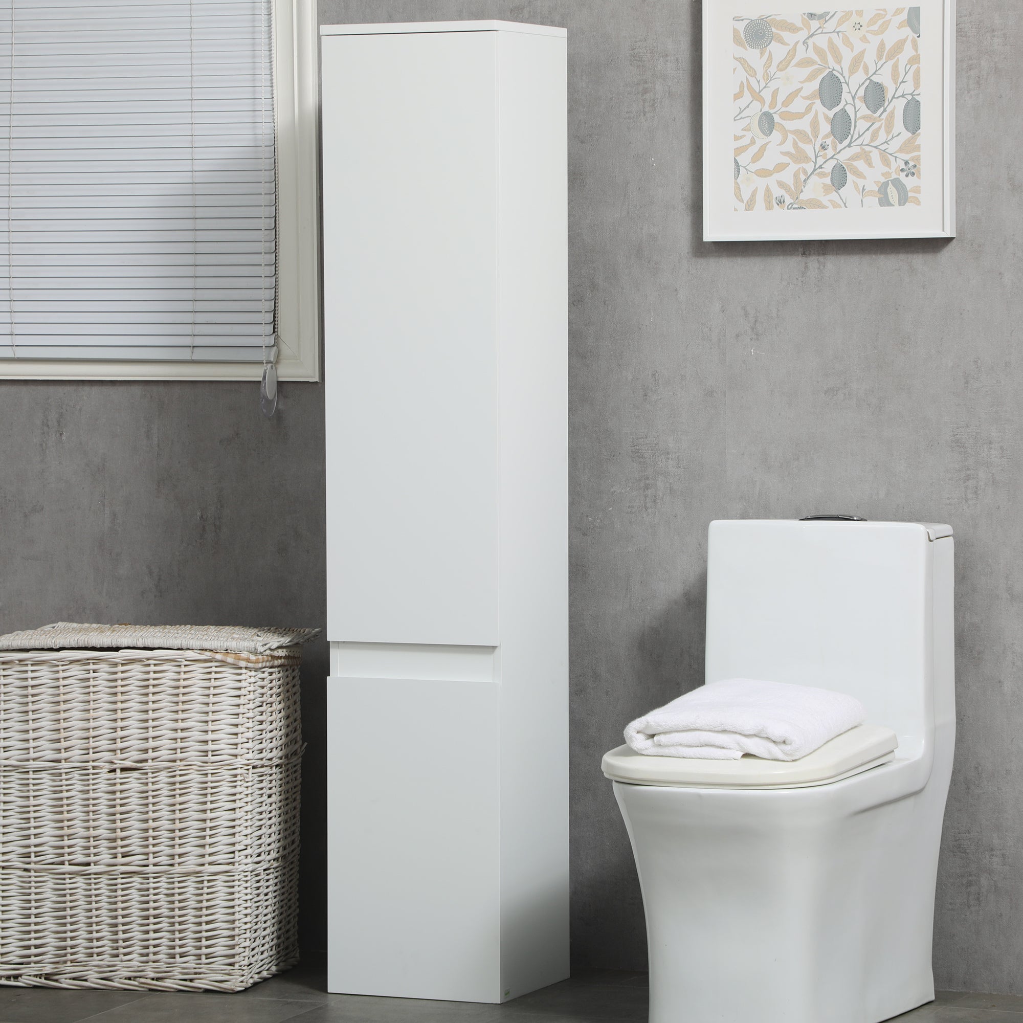 Space-saving Bathroom Cabinet, Bathroom Cabinet with 5 Adjustable Shelves, Handleless Doors and Anti-Tipping System, 30x28x152.5cm, White