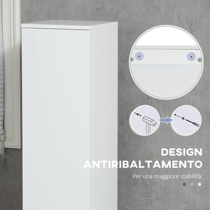 Space-saving Bathroom Cabinet, Bathroom Cabinet with 5 Adjustable Shelves, Handleless Doors and Anti-Tipping System, 30x28x152.5cm, White