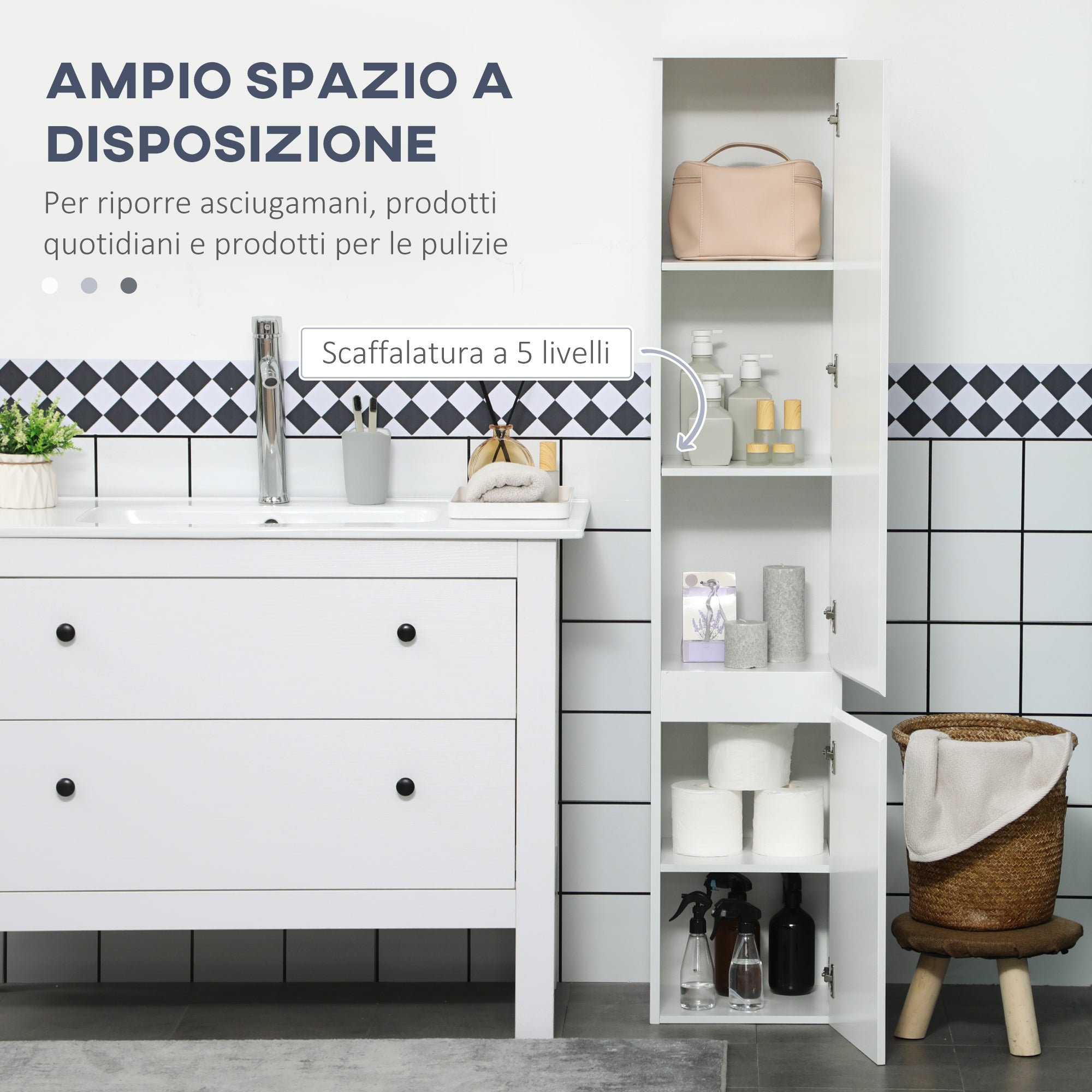 Space-saving Bathroom Cabinet, Bathroom Cabinet with 5 Adjustable Shelves, Handleless Doors and Anti-Tipping System, 30x28x152.5cm, White