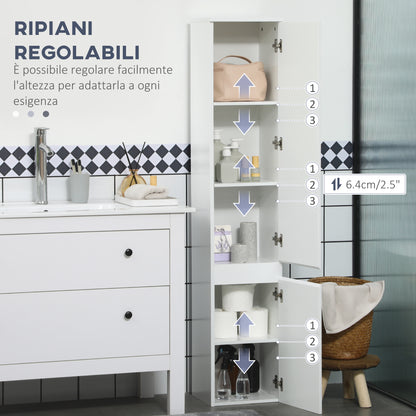 Space-saving Bathroom Cabinet, Bathroom Cabinet with 5 Adjustable Shelves, Handleless Doors and Anti-Tipping System, 30x28x152.5cm, White