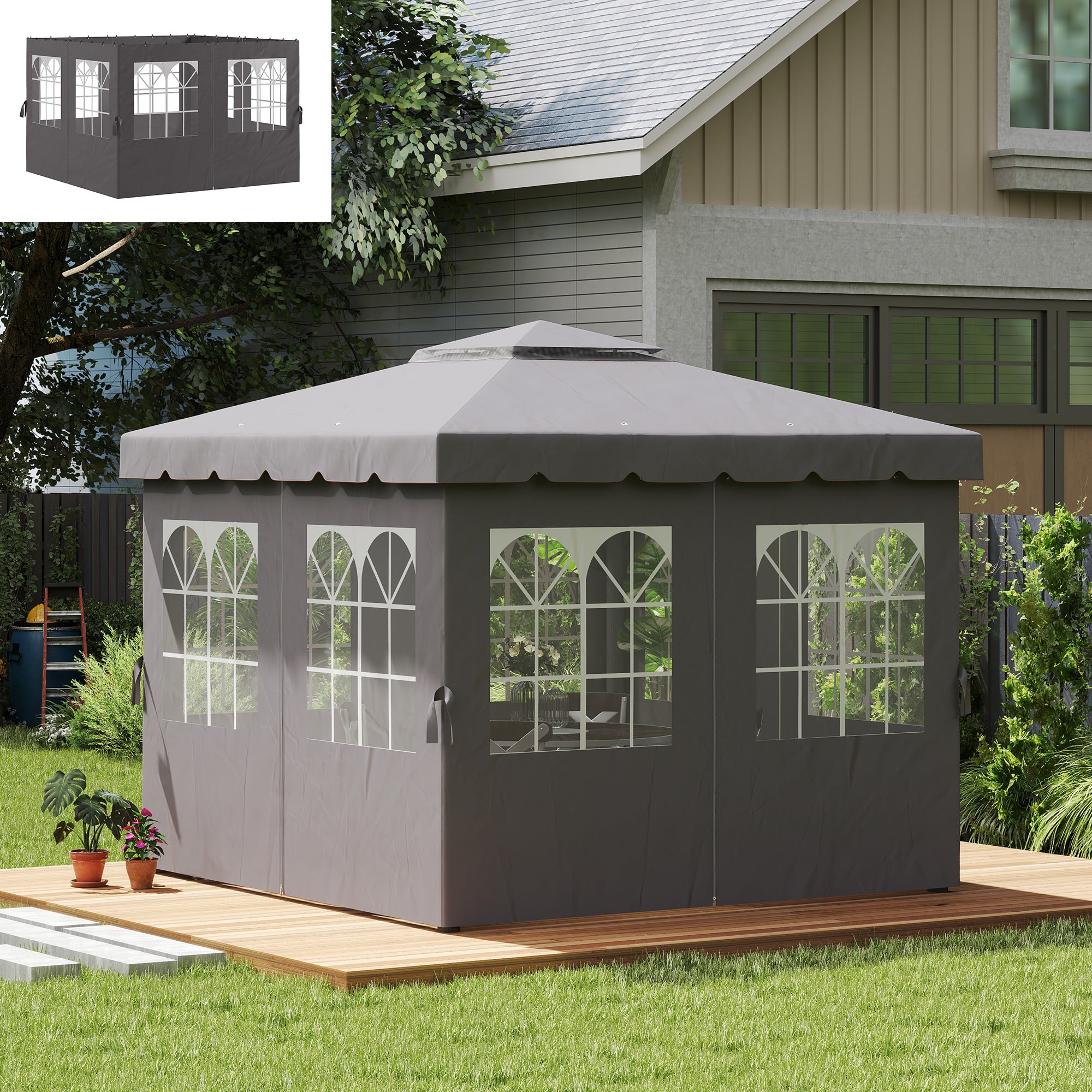 Side Wall 4-Piece Set for 3 x 3m Pavilion Side Panels with 8 Windows Hook and Loop Fasteners 302x205cm Waterproof Stable Winterproof Side Panel Side Walls for Party Tent Garden Pavilion Dark Grey