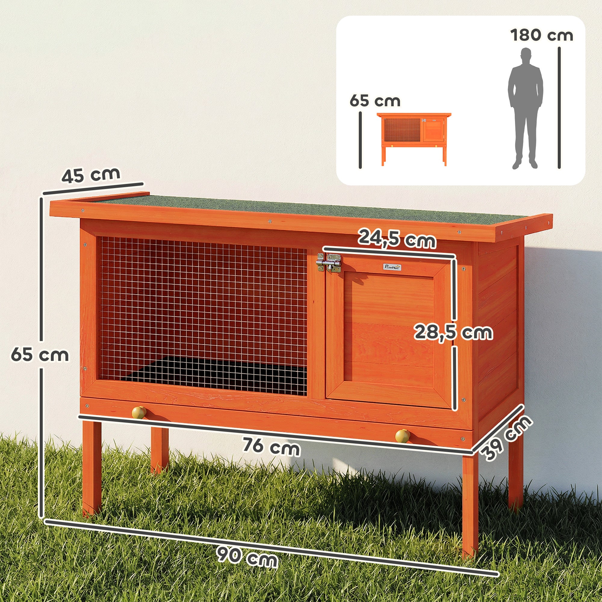 Wooden Rabbit Hutch 90 x 45 x 65 cm (35.4 x 17.7 x 25.6 in) – Elevated Outdoor Small Animal Hutch with Hinged Asphalt Roof, Pull-Out Tray, Door & Galvanized Wire, Orange