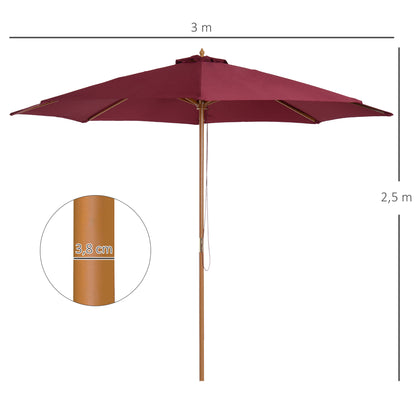 Outdoor Garden Umbrella Straight Double Roof Wooden High Density Polyester Sun Protection Ø 3 x 2.5 m Red
