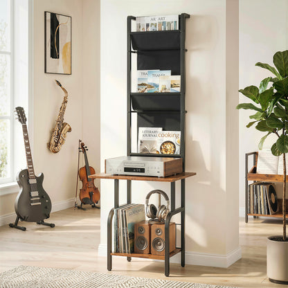 CD/DVD/Blu-ray Rack with 3 Fabric Pockets & Table — Industrial Media Shelf, Rustic Brown/Black (19.7 x 19.1 x 56.7 in)