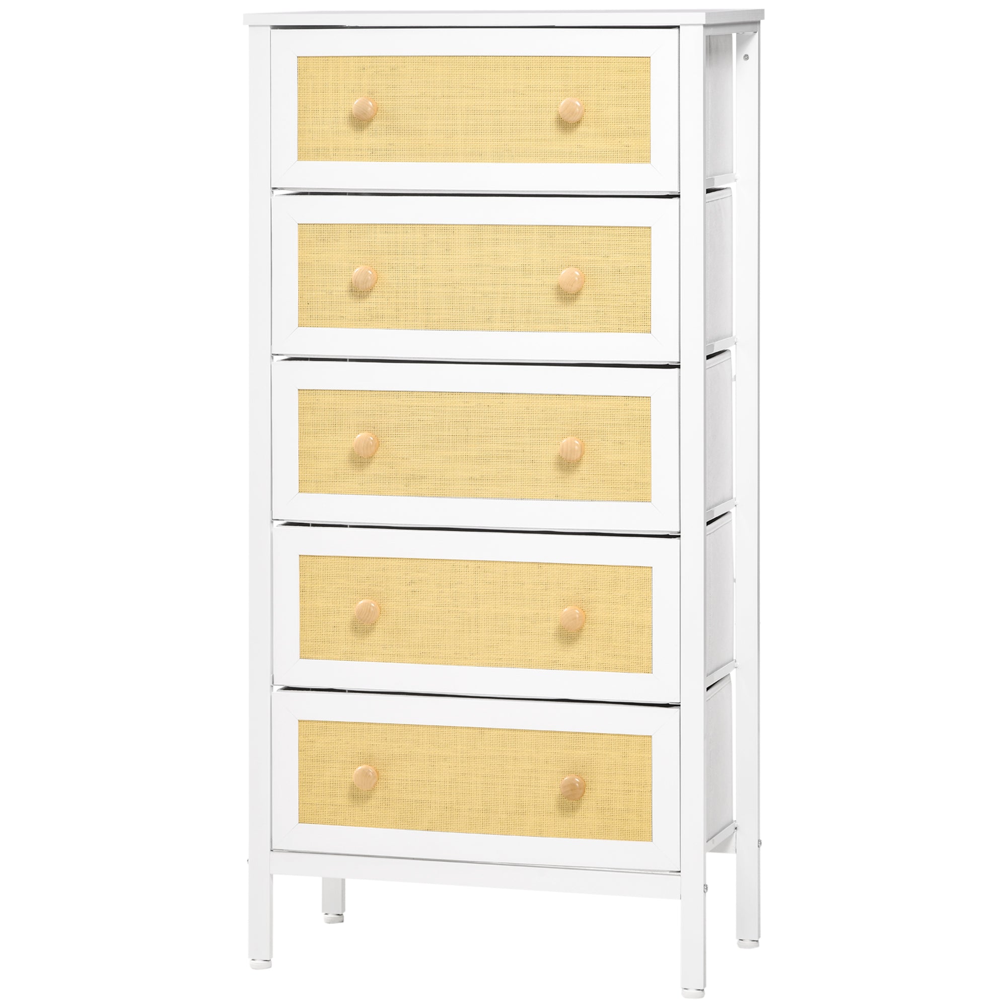 Bohemian Style Bedroom Chest of Drawers with 5 Foldable Fabric Drawers PE Rattan Surface and Steel Frame for Entryway Living Room Hallway 62x30x126.5 cm White