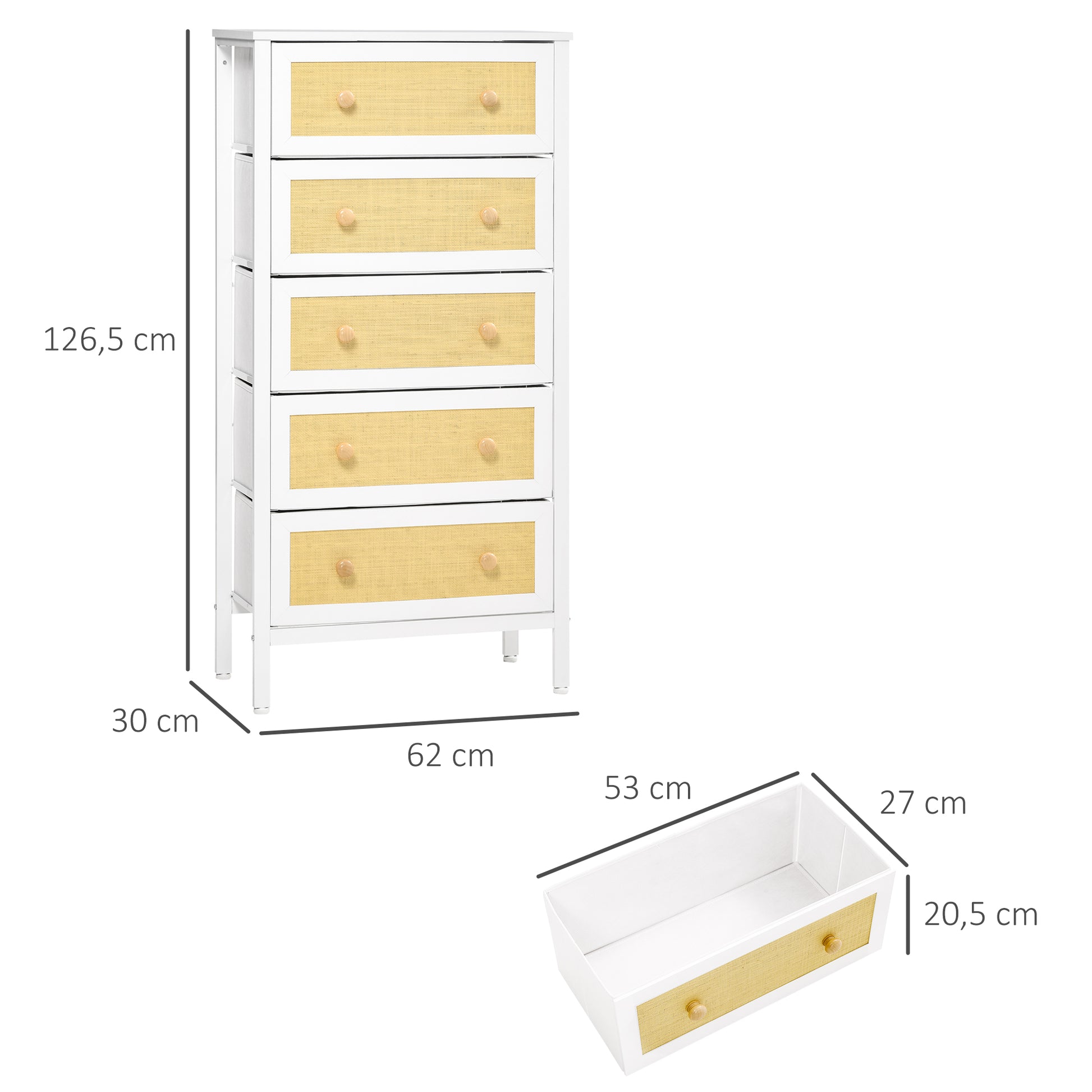 Bohemian Style Bedroom Chest of Drawers with 5 Foldable Fabric Drawers PE Rattan Surface and Steel Frame for Entryway Living Room Hallway 62x30x126.5 cm White