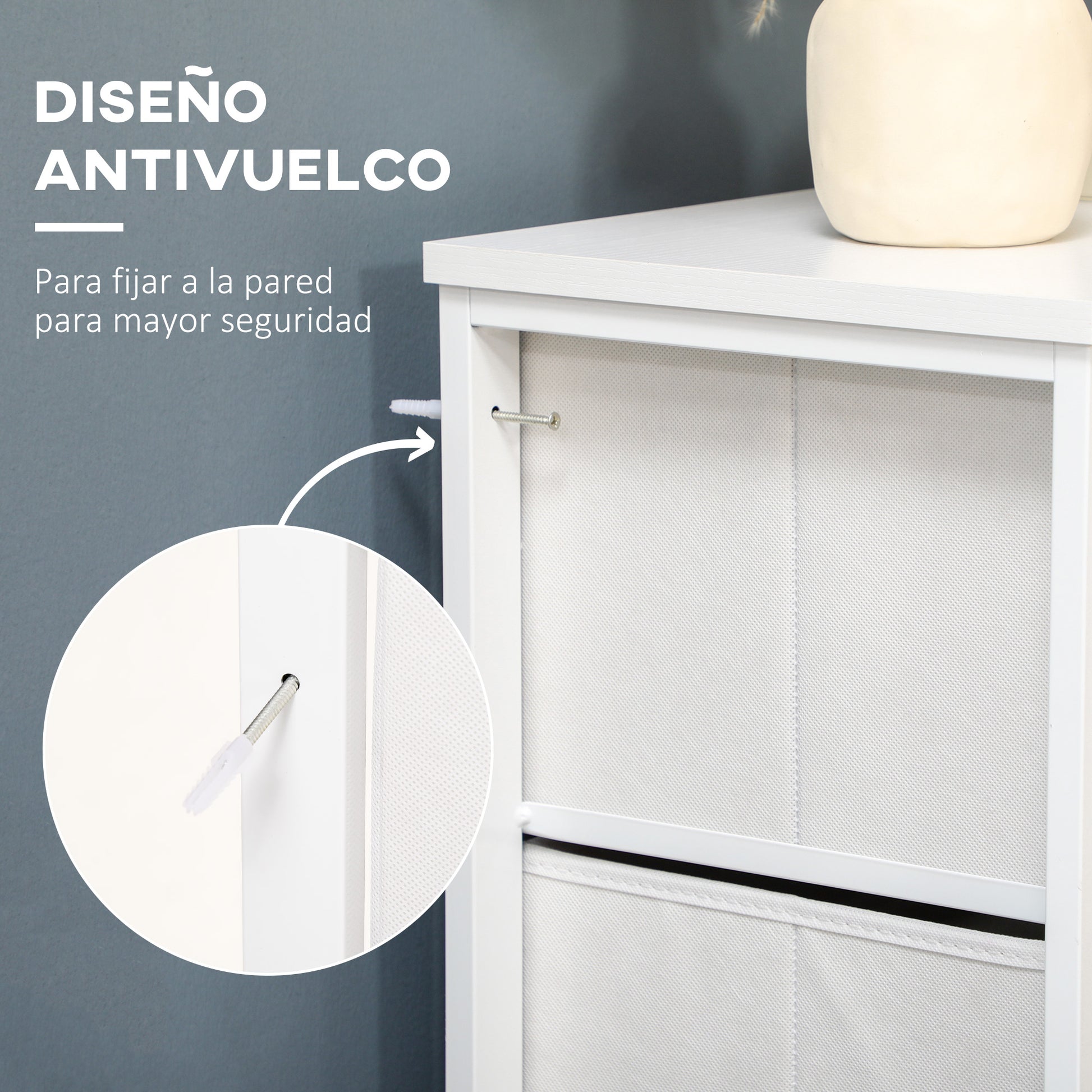 Bohemian Style Bedroom Chest of Drawers with 5 Foldable Fabric Drawers PE Rattan Surface and Steel Frame for Entryway Living Room Hallway 62x30x126.5 cm White