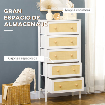 Bohemian Style Bedroom Chest of Drawers with 5 Foldable Fabric Drawers PE Rattan Surface and Steel Frame for Entryway Living Room Hallway 62x30x126.5 cm White