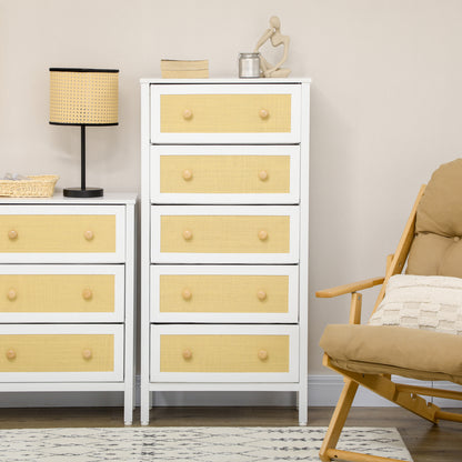 Bohemian Style Bedroom Chest of Drawers with 5 Foldable Fabric Drawers PE Rattan Surface and Steel Frame for Entryway Living Room Hallway 62x30x126.5 cm White