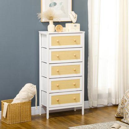 Bohemian Style Bedroom Chest of Drawers with 5 Foldable Fabric Drawers PE Rattan Surface and Steel Frame for Entryway Living Room Hallway 62x30x126.5 cm White
