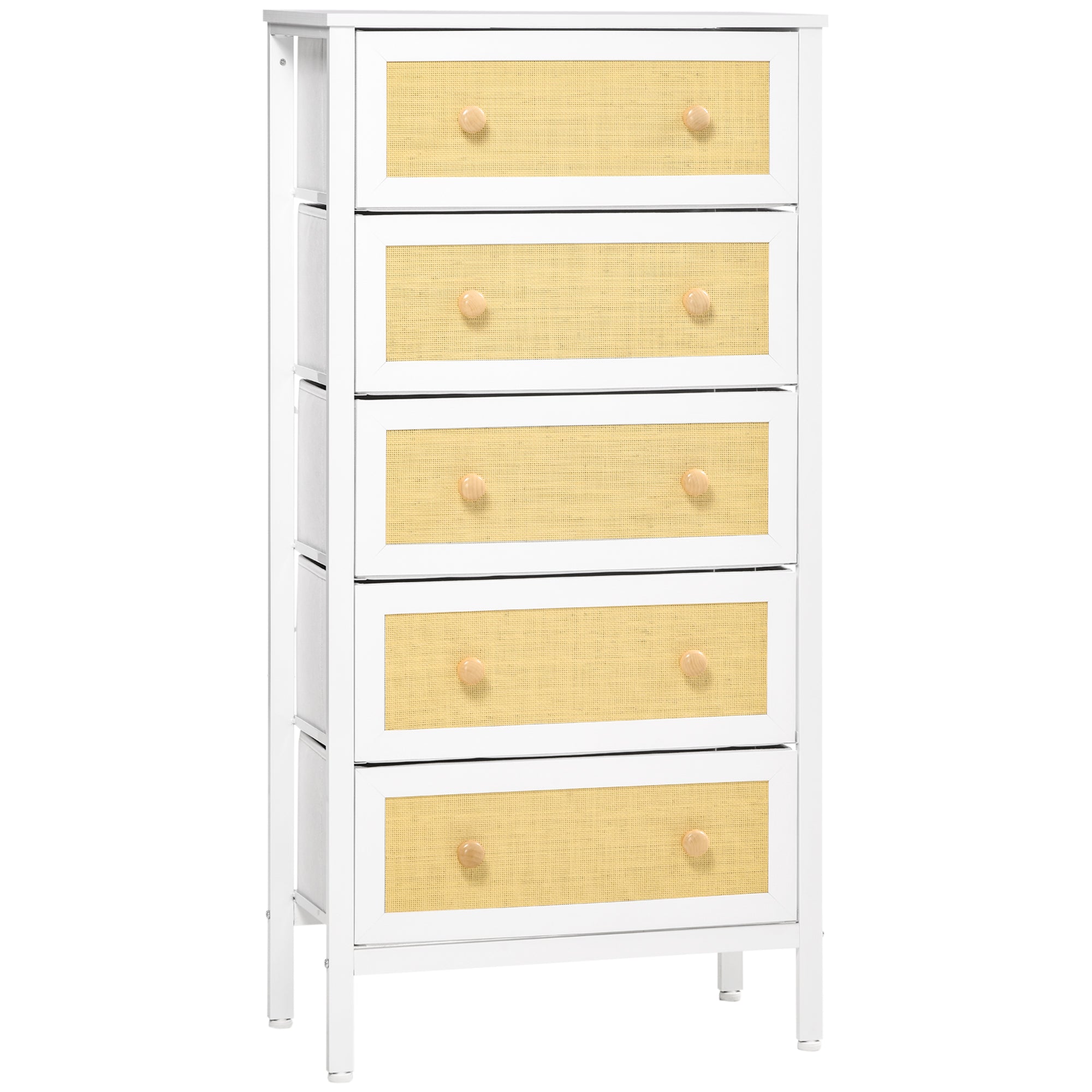 Bohemian Style Bedroom Chest of Drawers with 5 Foldable Fabric Drawers PE Rattan Surface and Steel Frame for Entryway Living Room Hallway 62x30x126.5 cm White