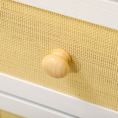 Bohemian Style Bedroom Chest of Drawers with 5 Foldable Fabric Drawers PE Rattan Surface and Steel Frame for Entryway Living Room Hallway 62x30x126.5 cm White