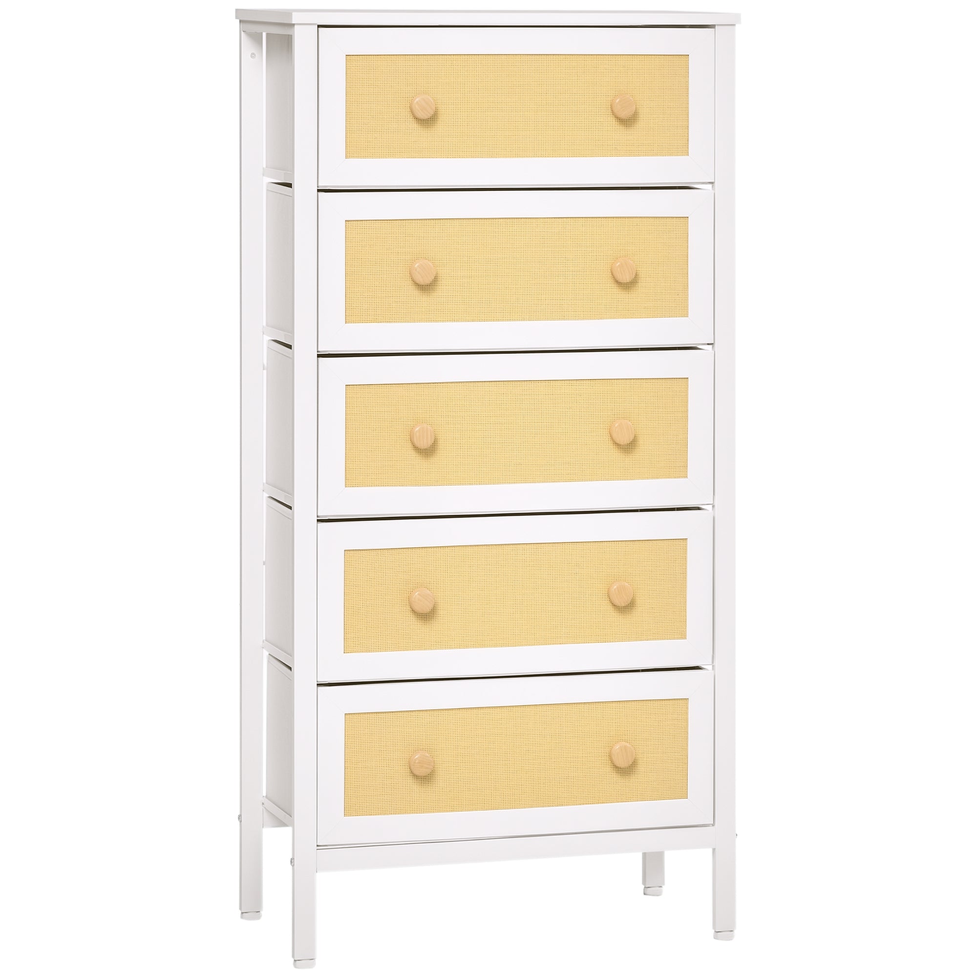 Bohemian Style Bedroom Chest of Drawers with 5 Foldable Fabric Drawers PE Rattan Surface and Steel Frame for Entryway Living Room Hallway 62x30x126.5 cm White