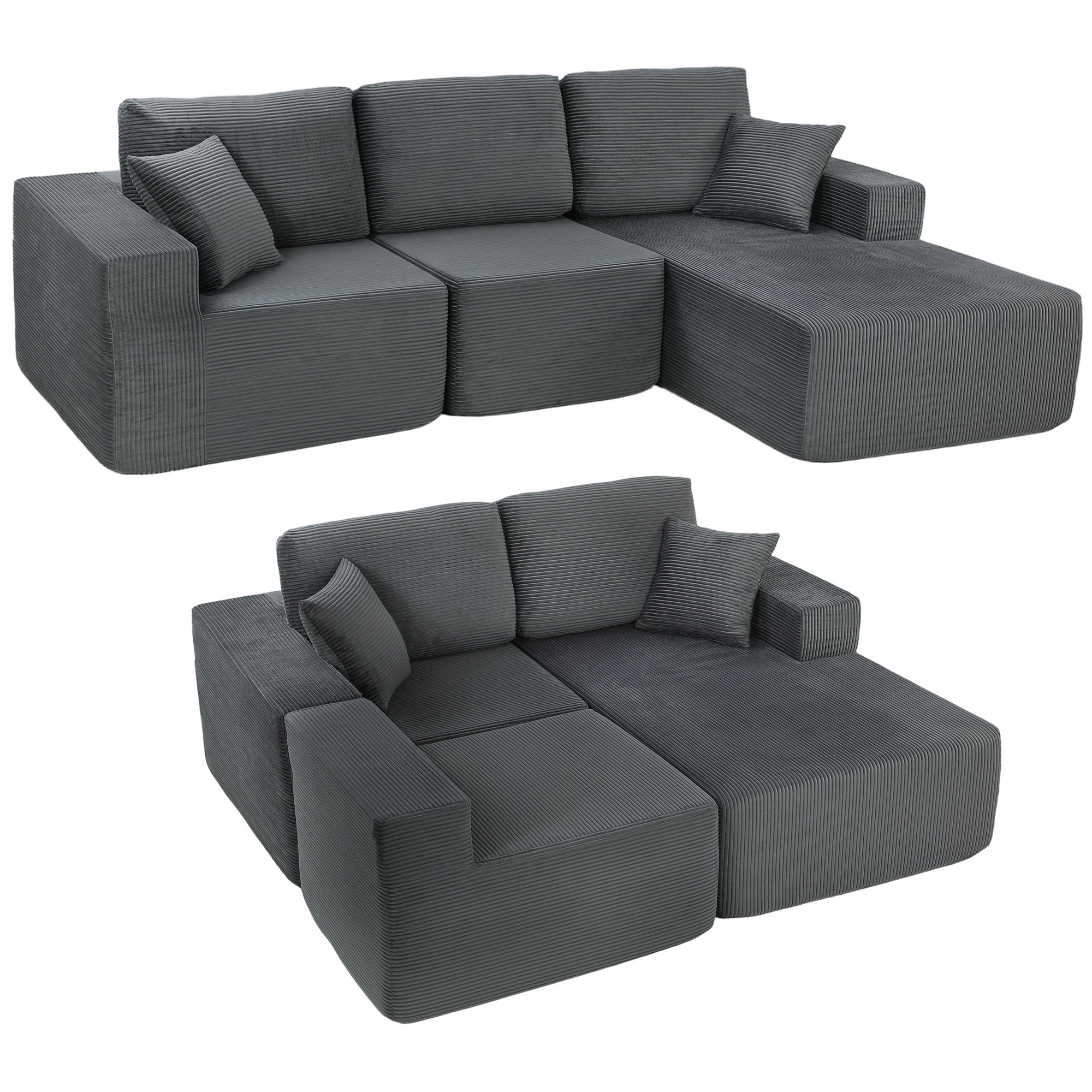 Corner Sofa with Sleeper Function, L-Shaped 267 cm Deep-Seat 3-Seater 2-in-1 Sectional with Cushions, Corduroy-Look, Dark Gray