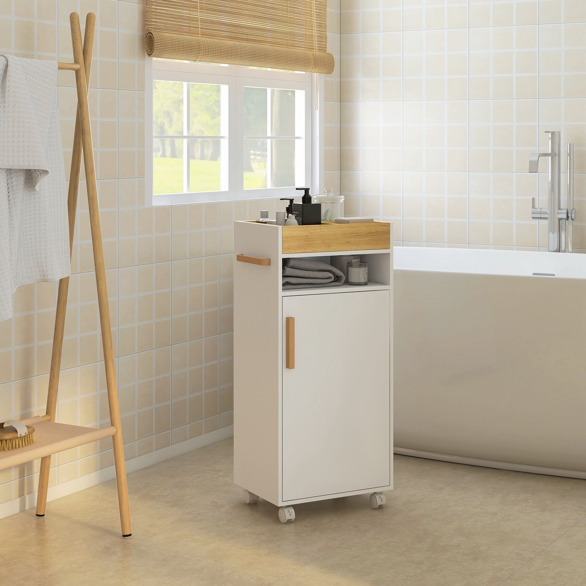 Modern Bathroom Cabinet Auxiliary Column Bathroom Floor Cabinet with Adjustable Shelves Removable Tray and Wheels 40x30x88 cm White and Oak