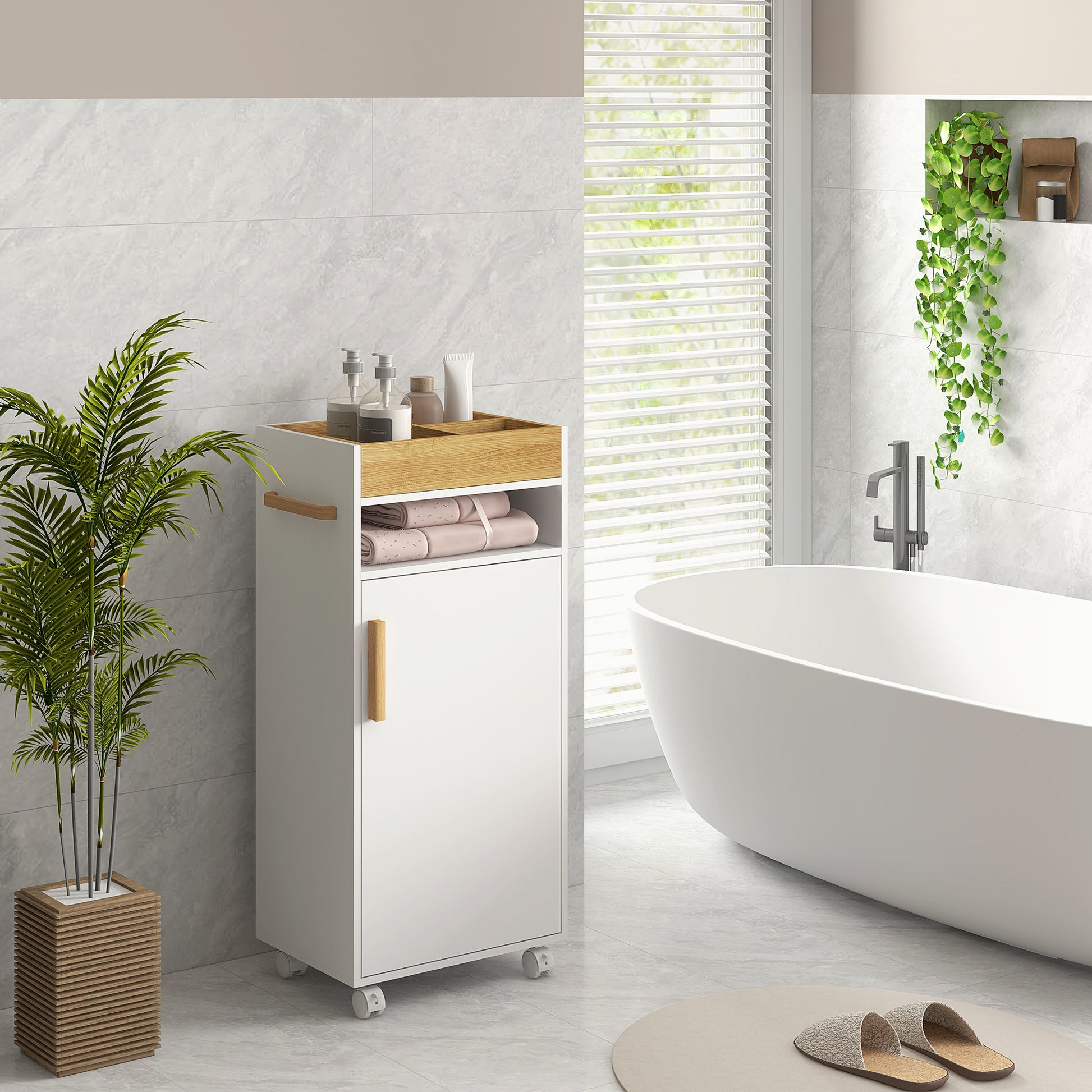 Modern Bathroom Cabinet Auxiliary Column Bathroom Floor Cabinet with Adjustable Shelves Removable Tray and Wheels 40x30x88 cm White and Oak