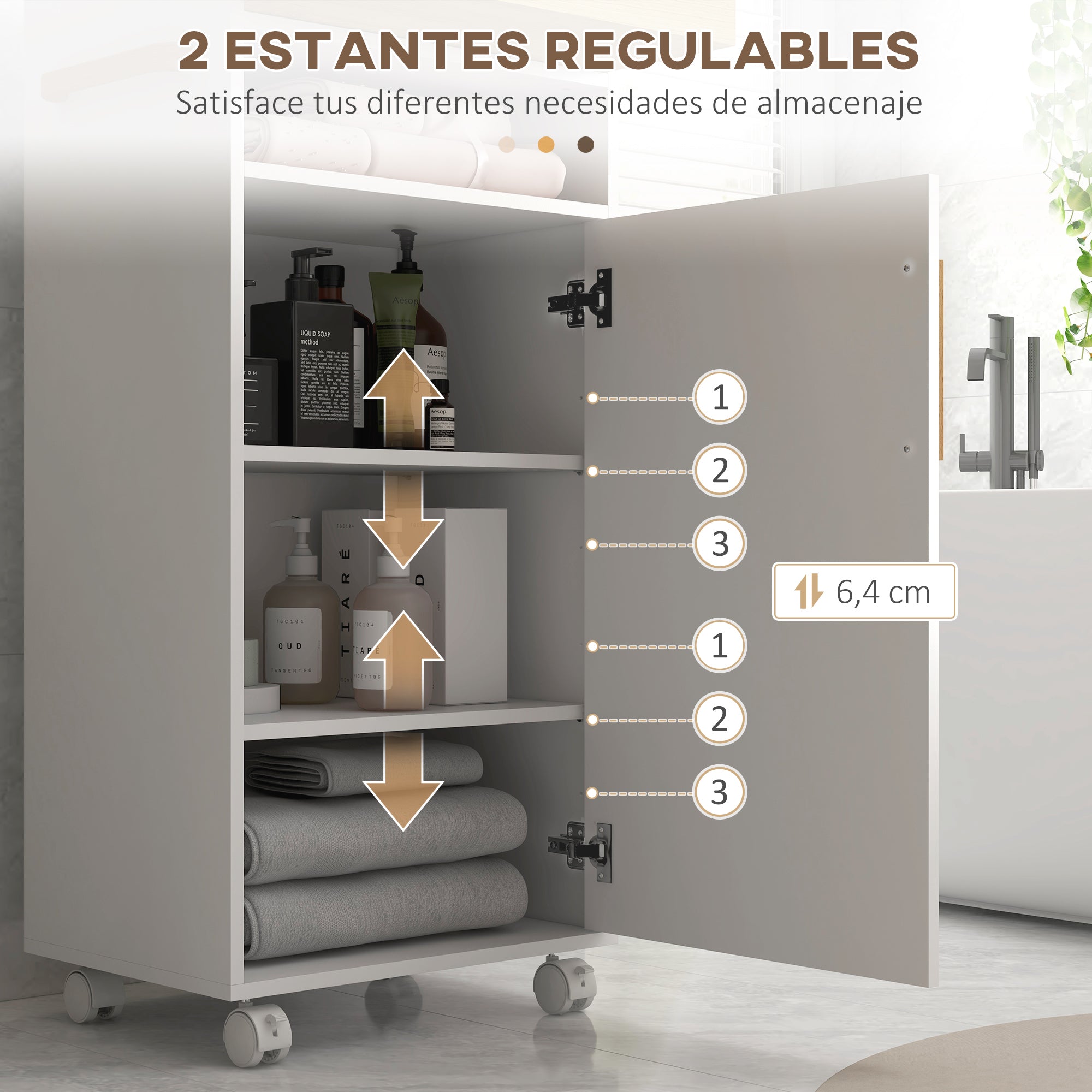 Modern Bathroom Cabinet Auxiliary Column Bathroom Floor Cabinet with Adjustable Shelves Removable Tray and Wheels 40x30x88 cm White and Oak