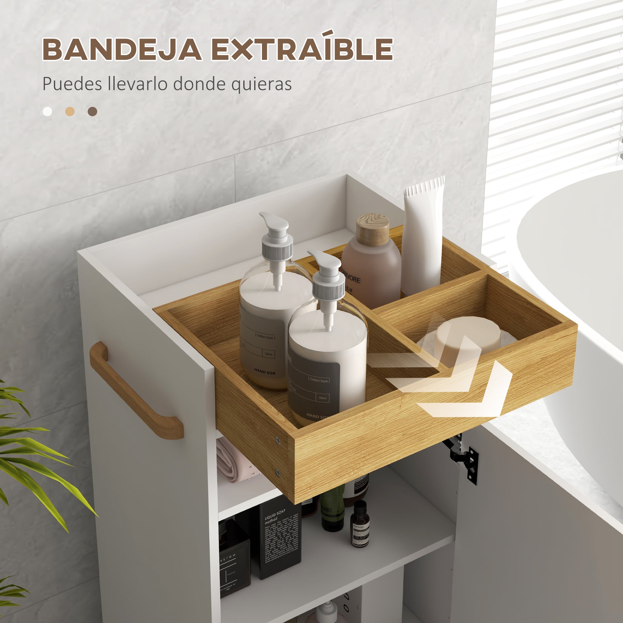 Modern Bathroom Cabinet Auxiliary Column Bathroom Floor Cabinet with Adjustable Shelves Removable Tray and Wheels 40x30x88 cm White and Oak