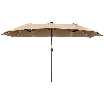 Double Garden Umbrella with 48 Solar LED Lights 177.17x104.33x94.49 inches Patio Umbrella with Crank Sun Protection for Terrace Balcony Pool Khaki