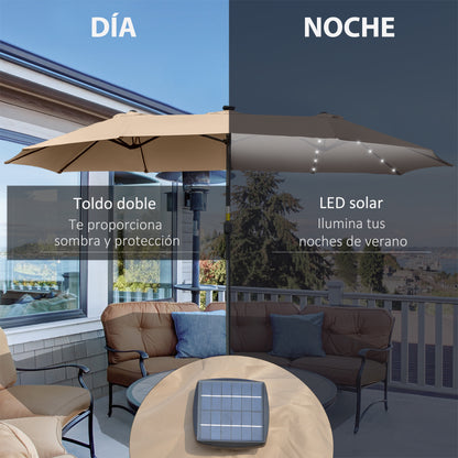 Double Garden Umbrella with 48 Solar LED Lights 177.17x104.33x94.49 inches Patio Umbrella with Crank Sun Protection for Terrace Balcony Pool Khaki