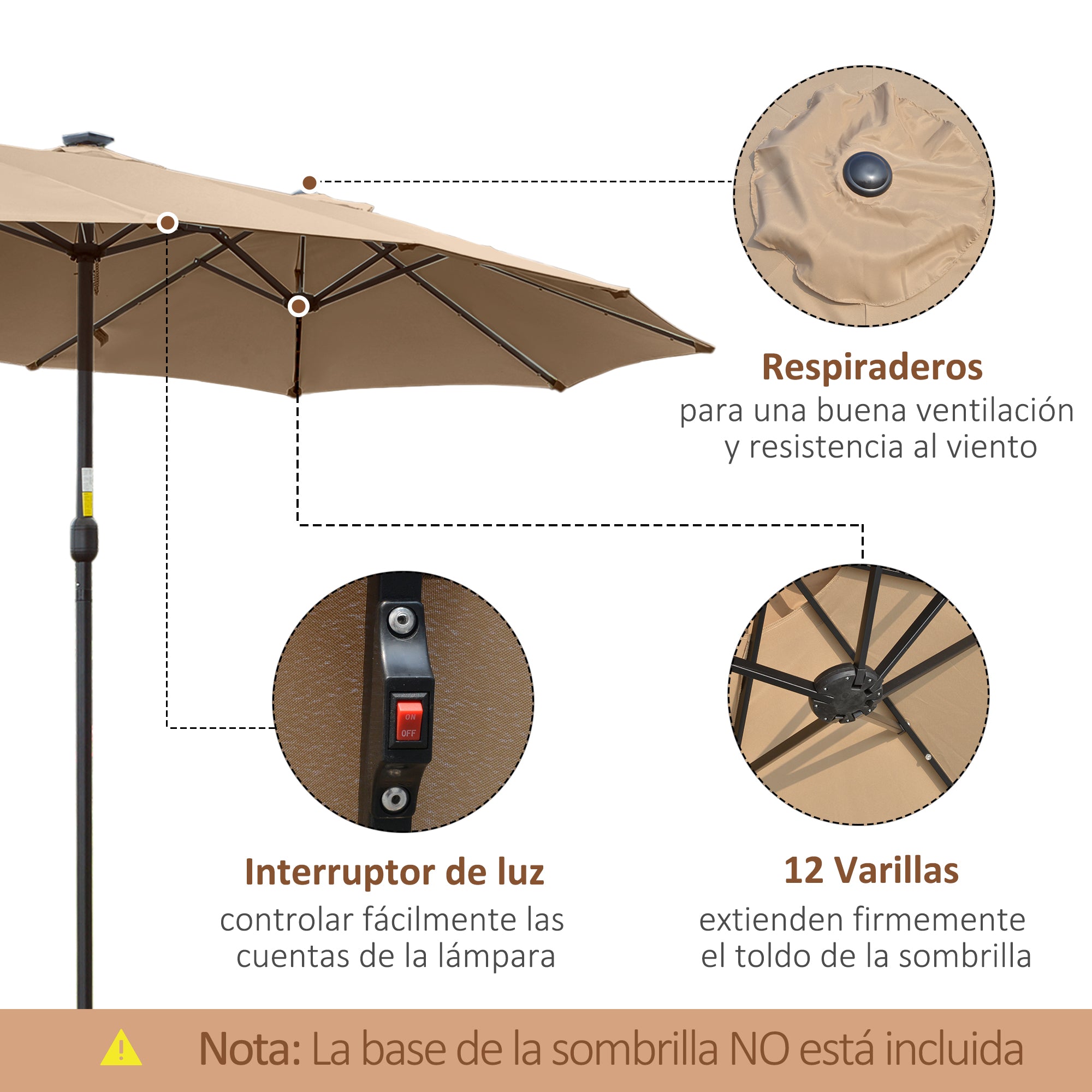 Double Garden Umbrella with 48 Solar LED Lights 177.17x104.33x94.49 inches Patio Umbrella with Crank Sun Protection for Terrace Balcony Pool Khaki