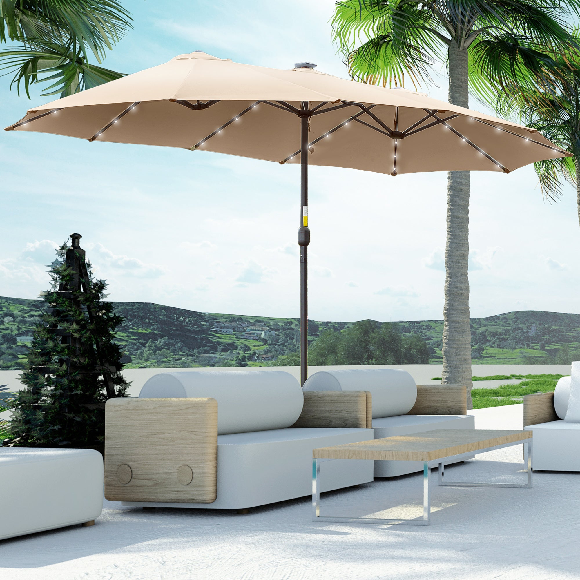 Double Garden Umbrella with 48 Solar LED Lights 177.17x104.33x94.49 inches Patio Umbrella with Crank Sun Protection for Terrace Balcony Pool Khaki