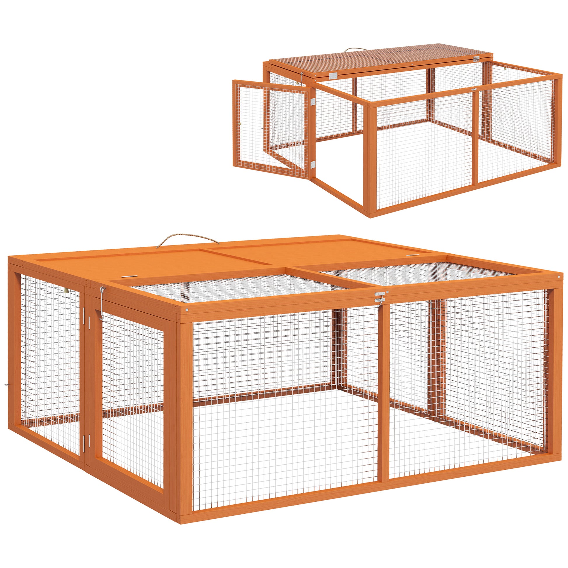Folding Rabbit Hutch for 2-3 Rodents with Multiple Entries, Rabbit Cage in Wood and Steel, 110x105x50 cm, Orange