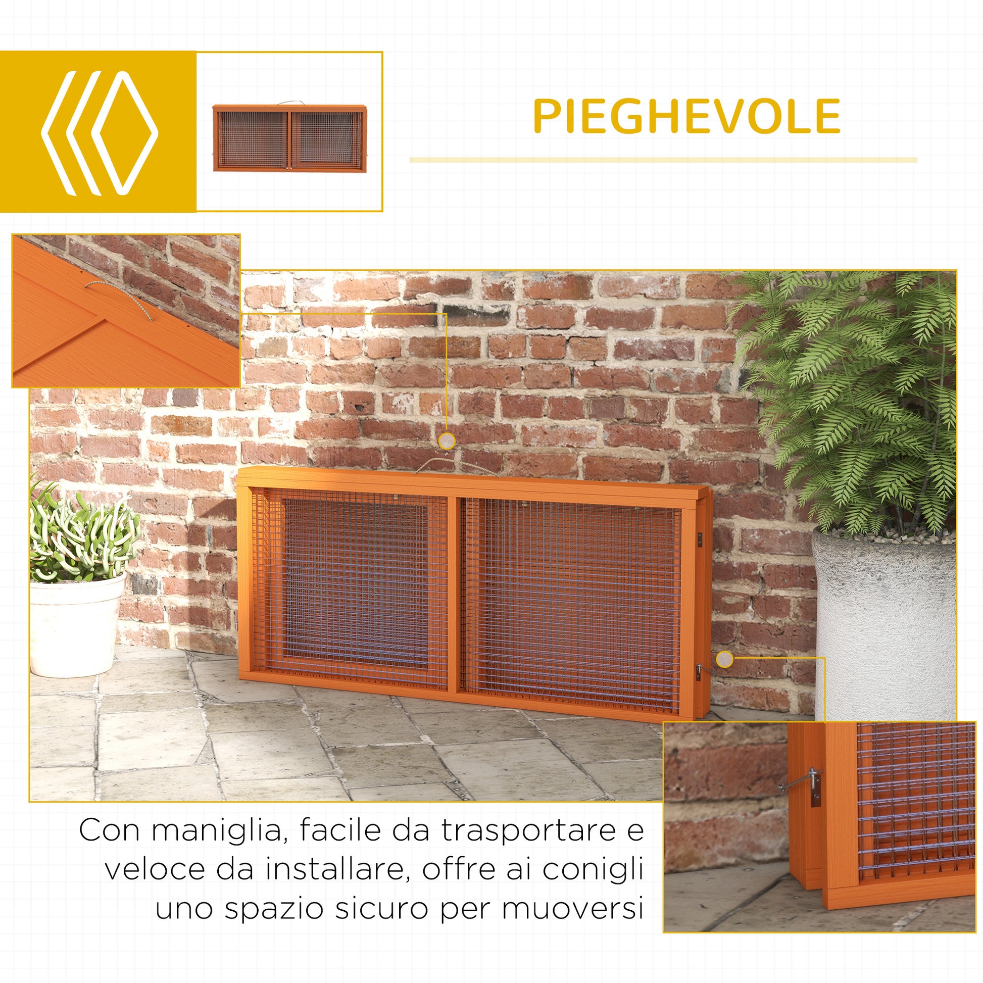 Folding Rabbit Hutch for 2-3 Rodents with Multiple Entries, Rabbit Cage in Wood and Steel, 110x105x50 cm, Orange