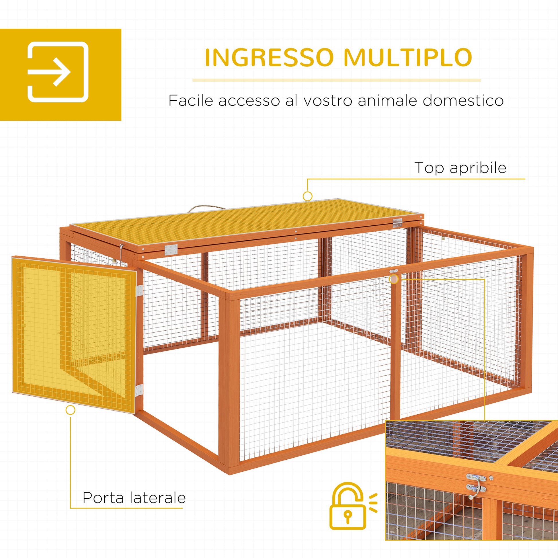 Folding Rabbit Hutch for 2-3 Rodents with Multiple Entries, Rabbit Cage in Wood and Steel, 110x105x50 cm, Orange