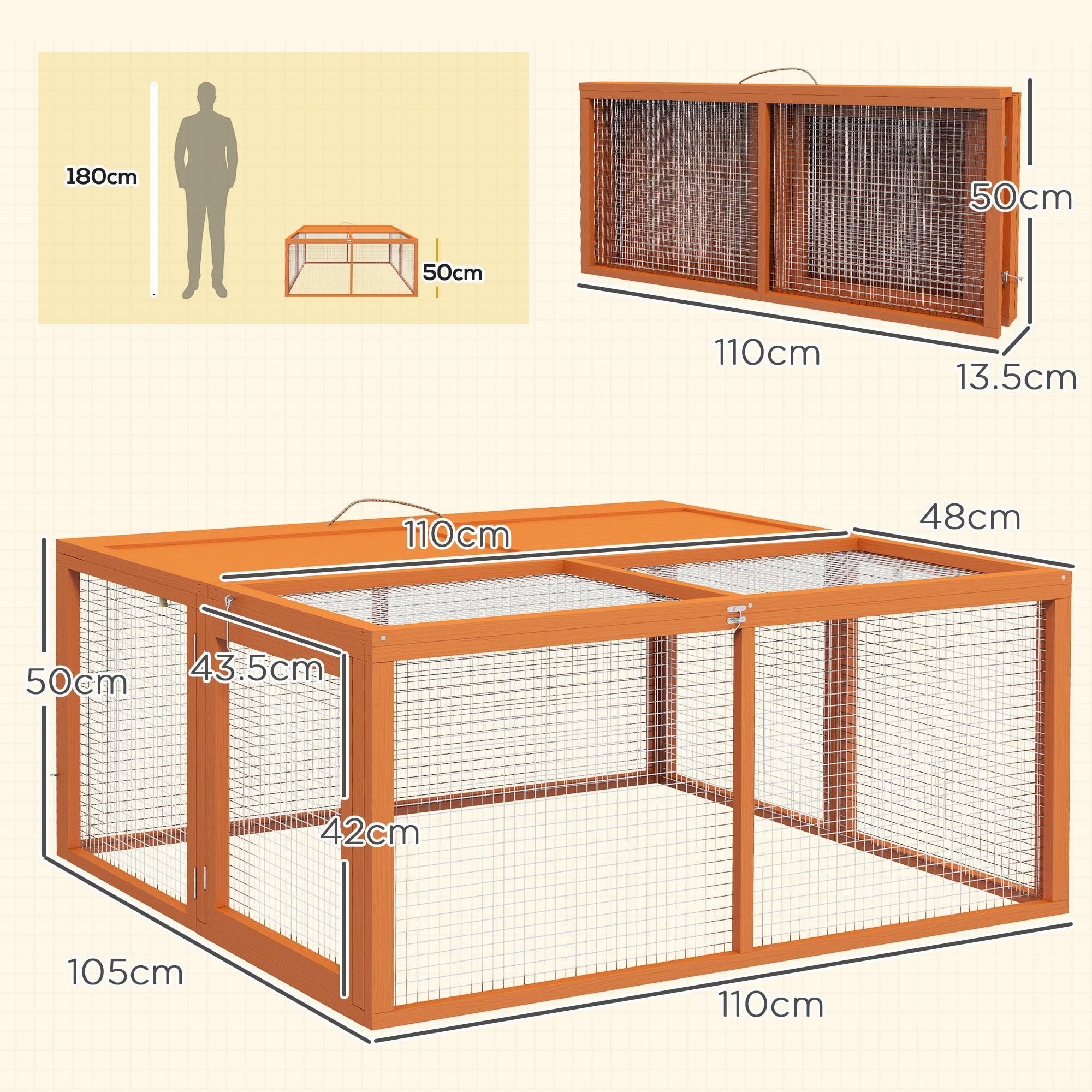 Folding Rabbit Hutch for 2-3 Rodents with Multiple Entries, Rabbit Cage in Wood and Steel, 110x105x50 cm, Orange